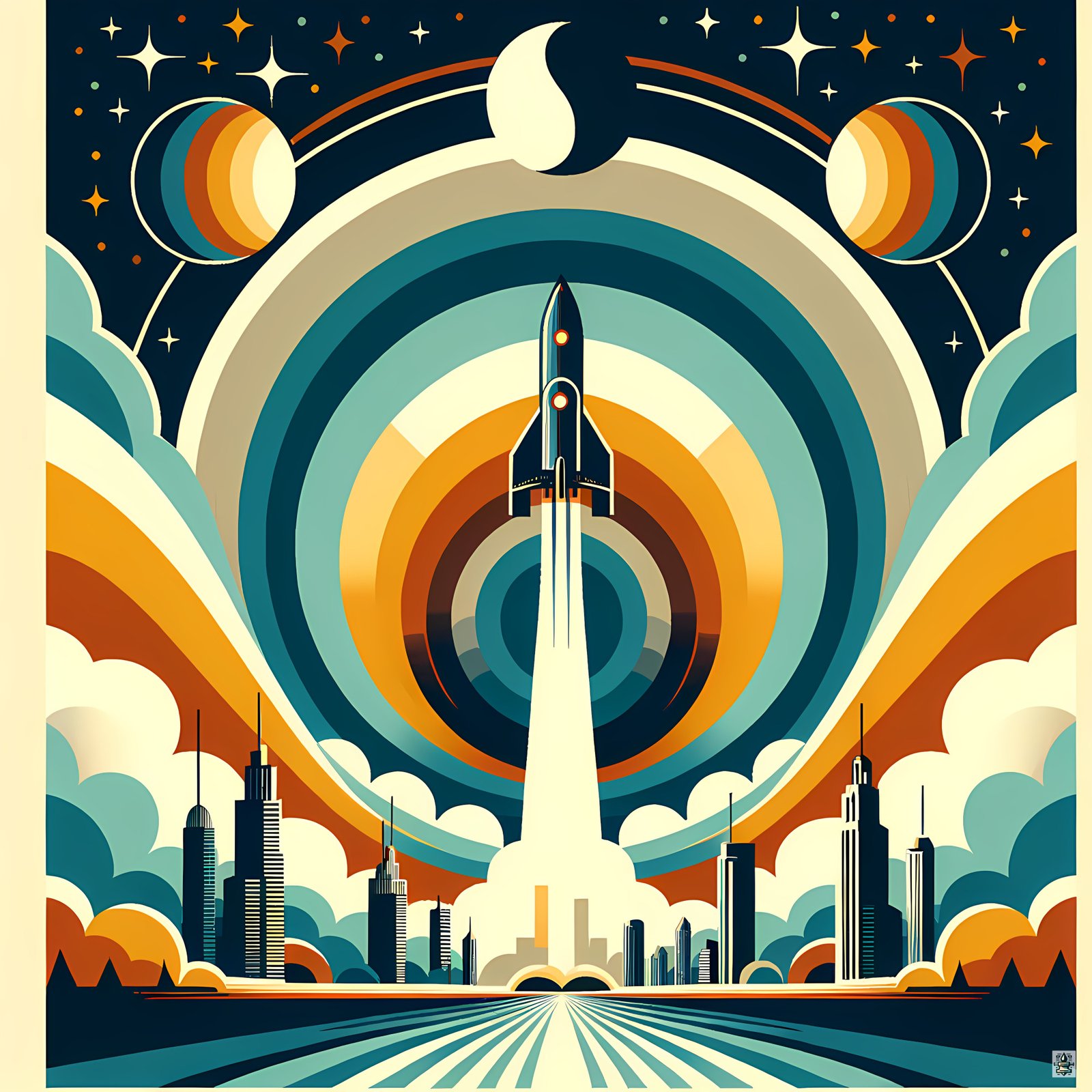Retro Rocket Launch Over Geometric City Skyline