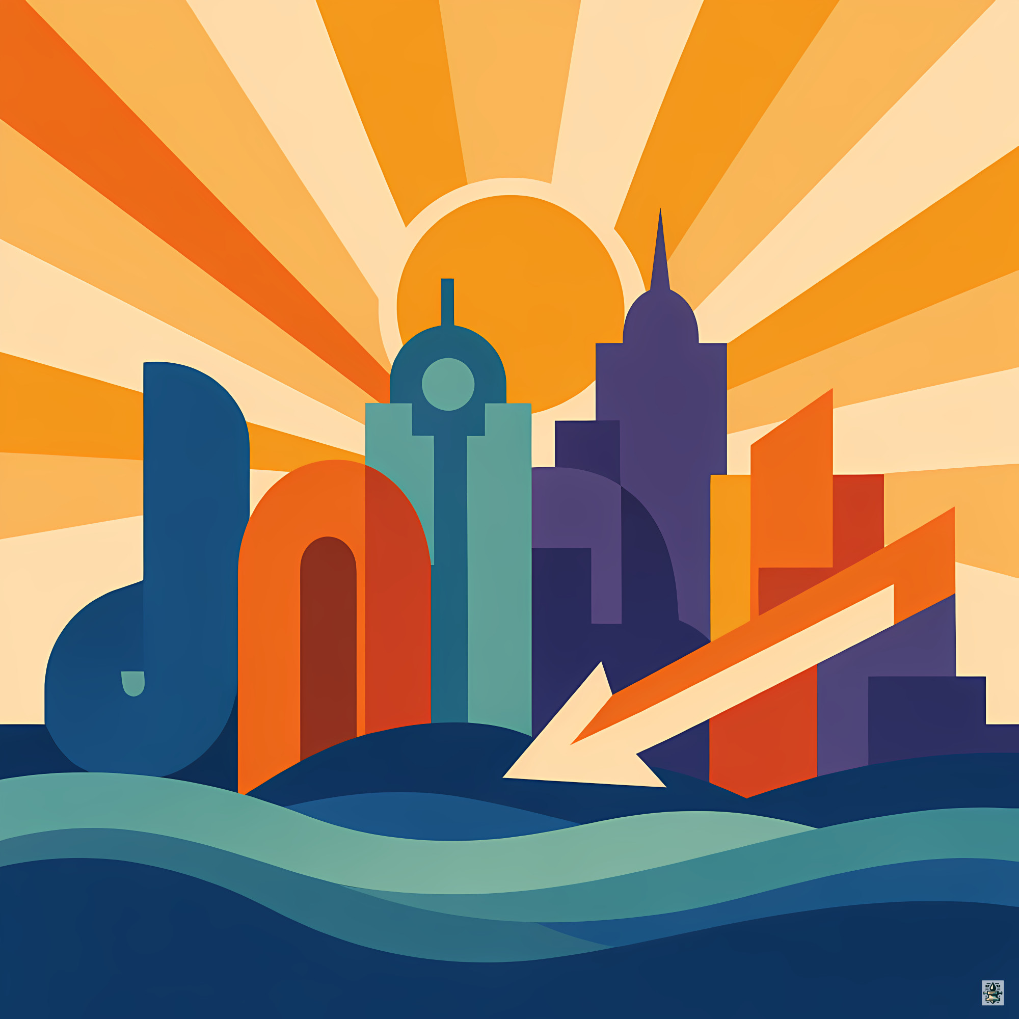 Bold Geometric City Skyline with Sunburst and Waves