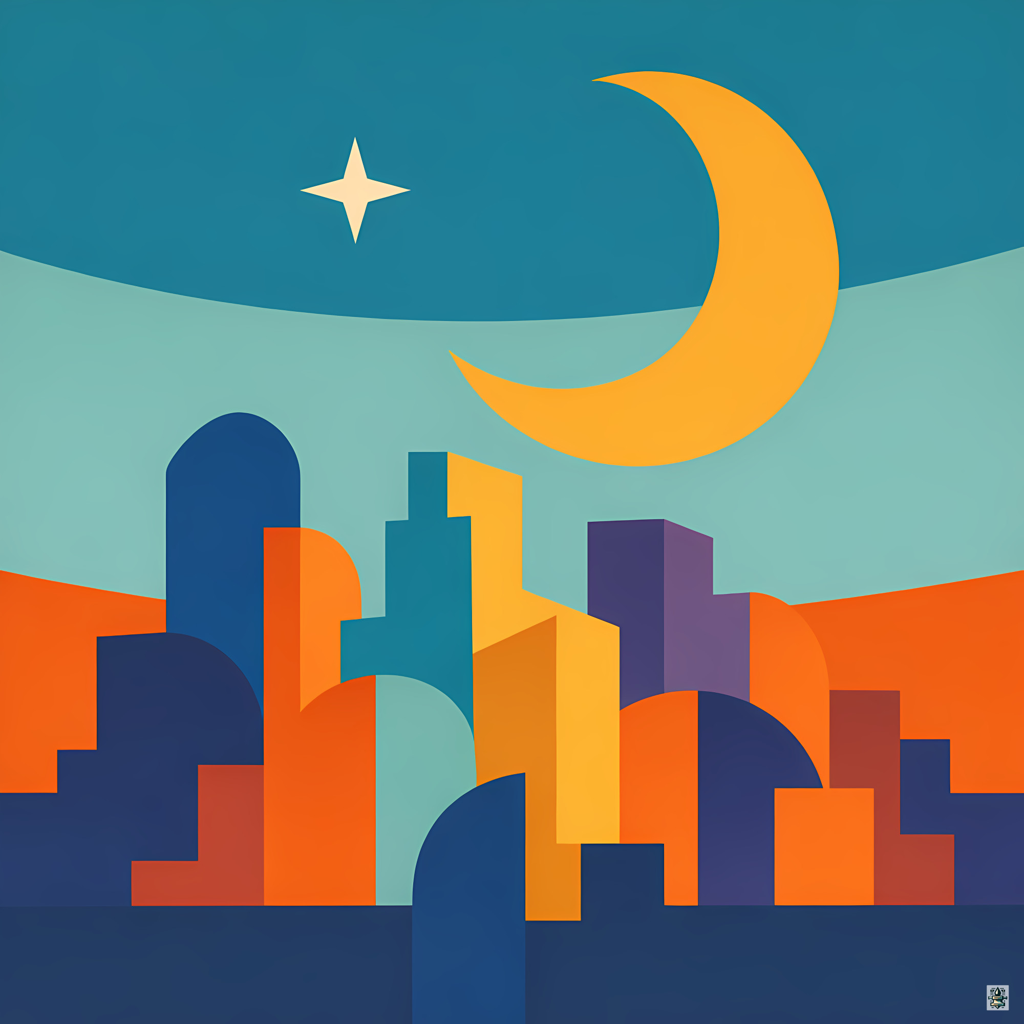 Crescent Moon Geometric Cityscape