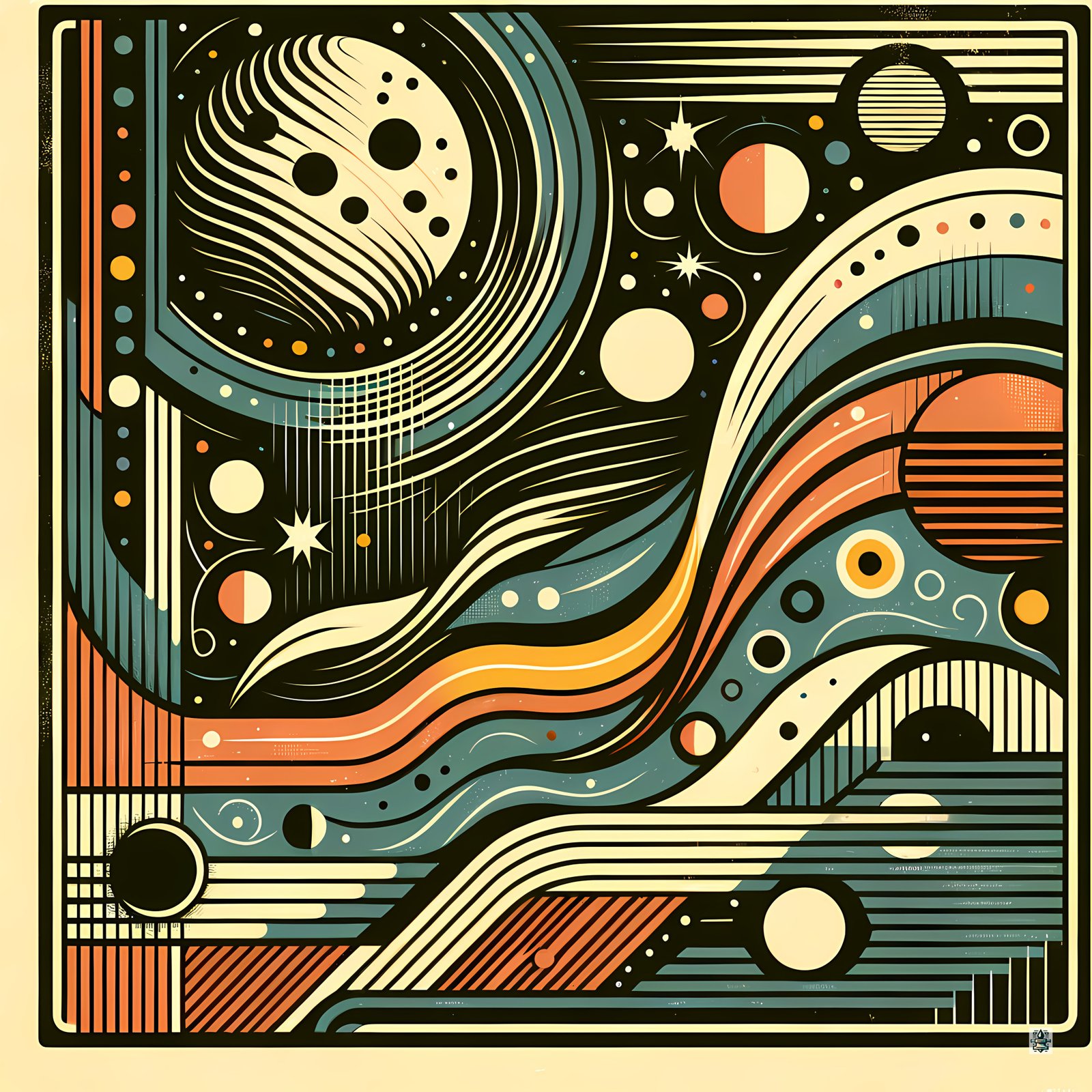 Retro Space Abstract with Planets and Wavy Stripes