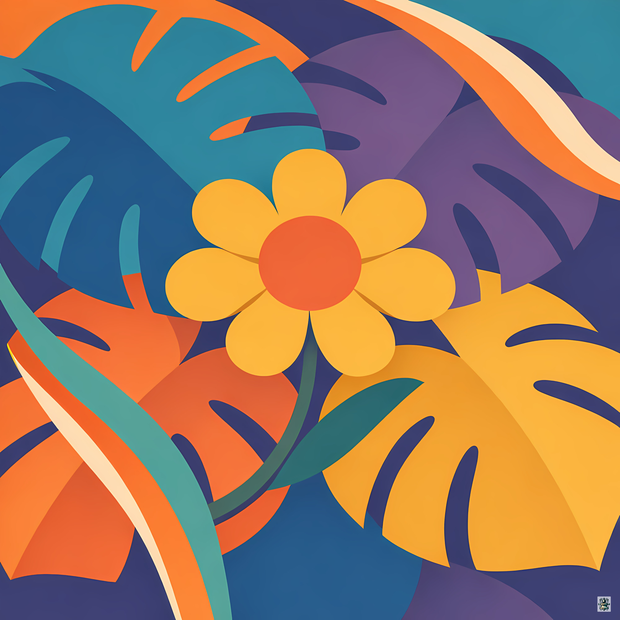 Bold Geometric Flower with Tropical Leaves