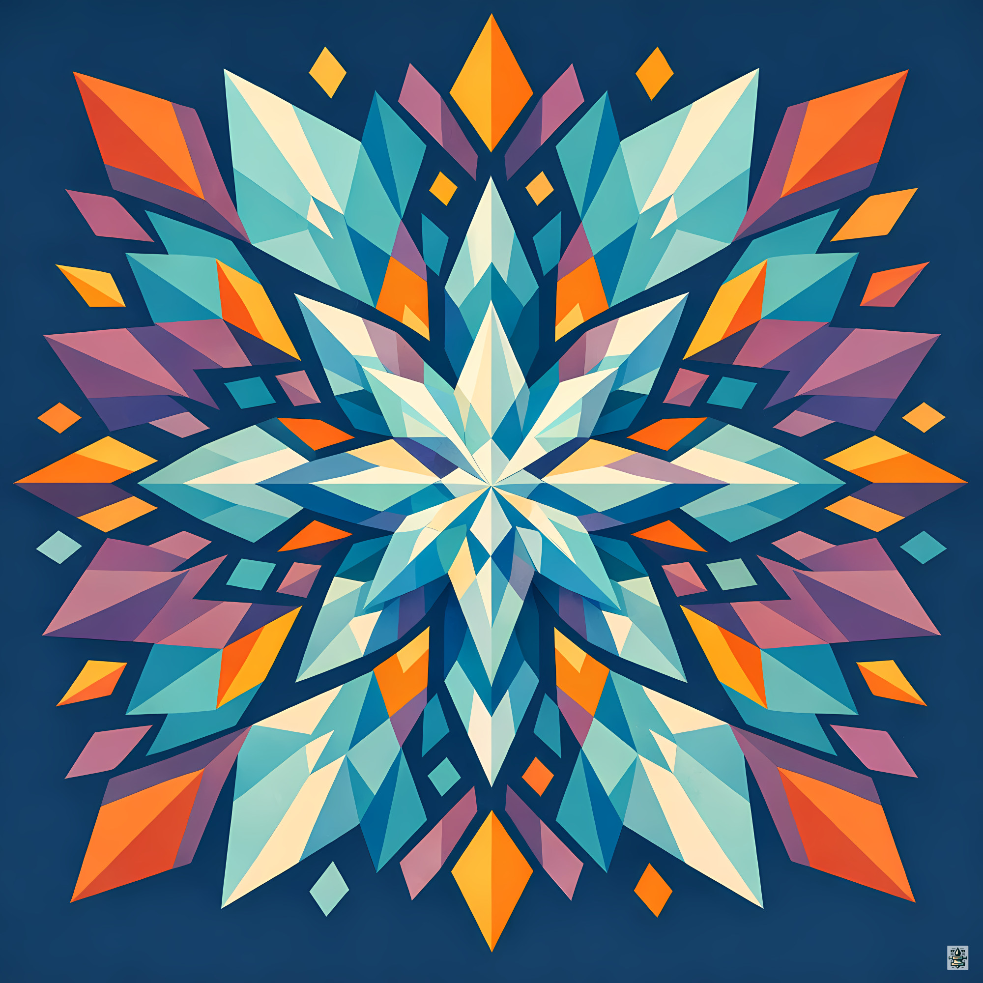 Colourful Geometric Snowflake Mandala on Navy