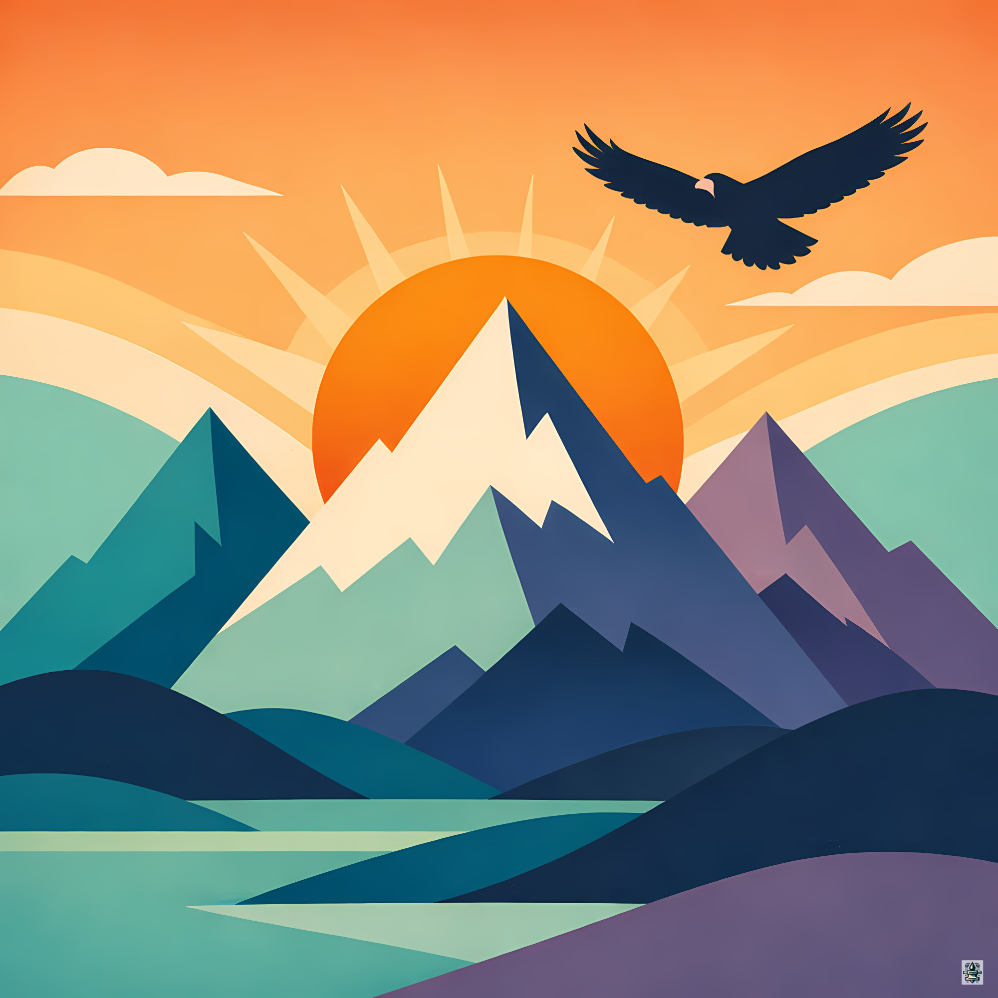 Geometric Mountain Sunrise with Soaring Eagle
