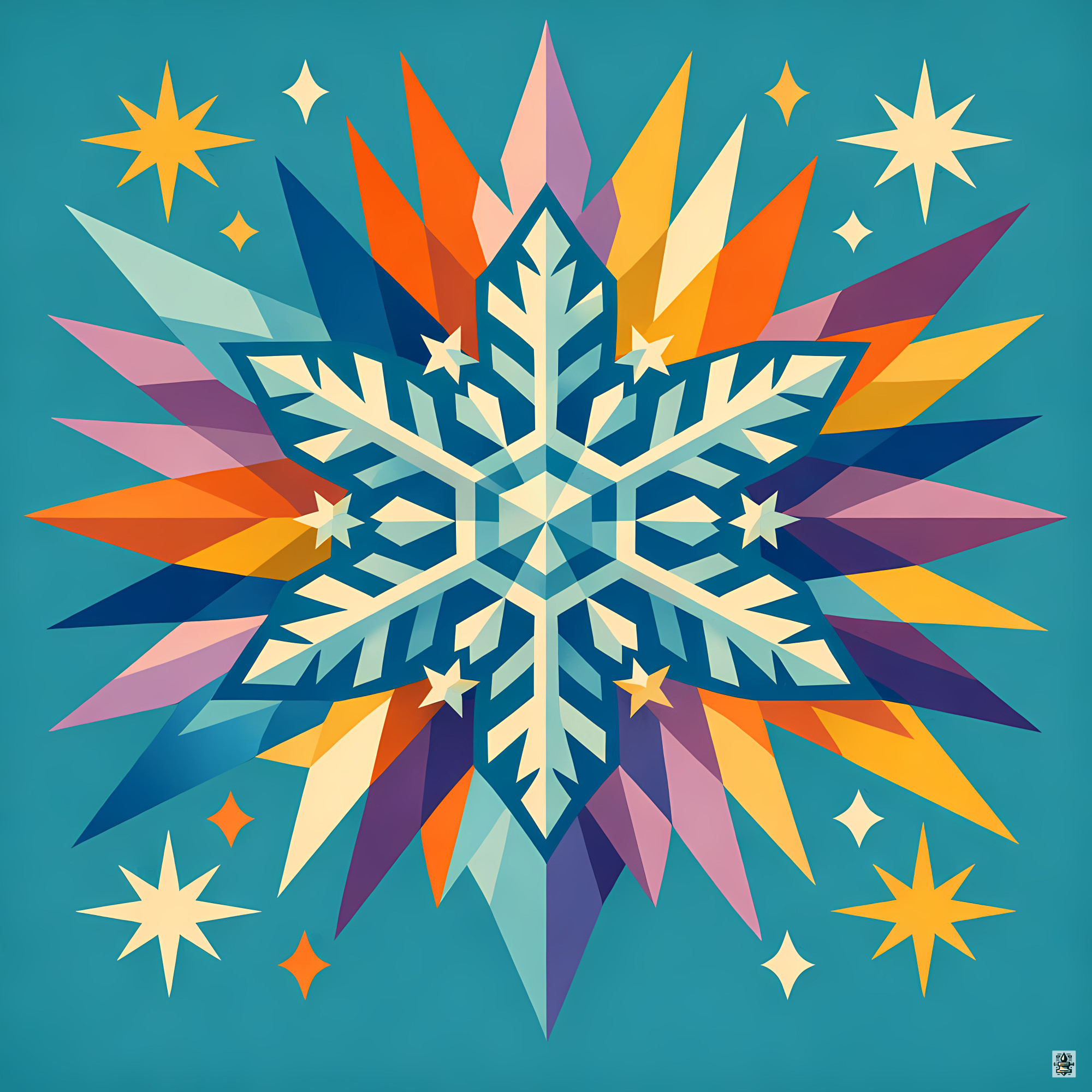 Colourful Geometric Snowflake with Starbursts