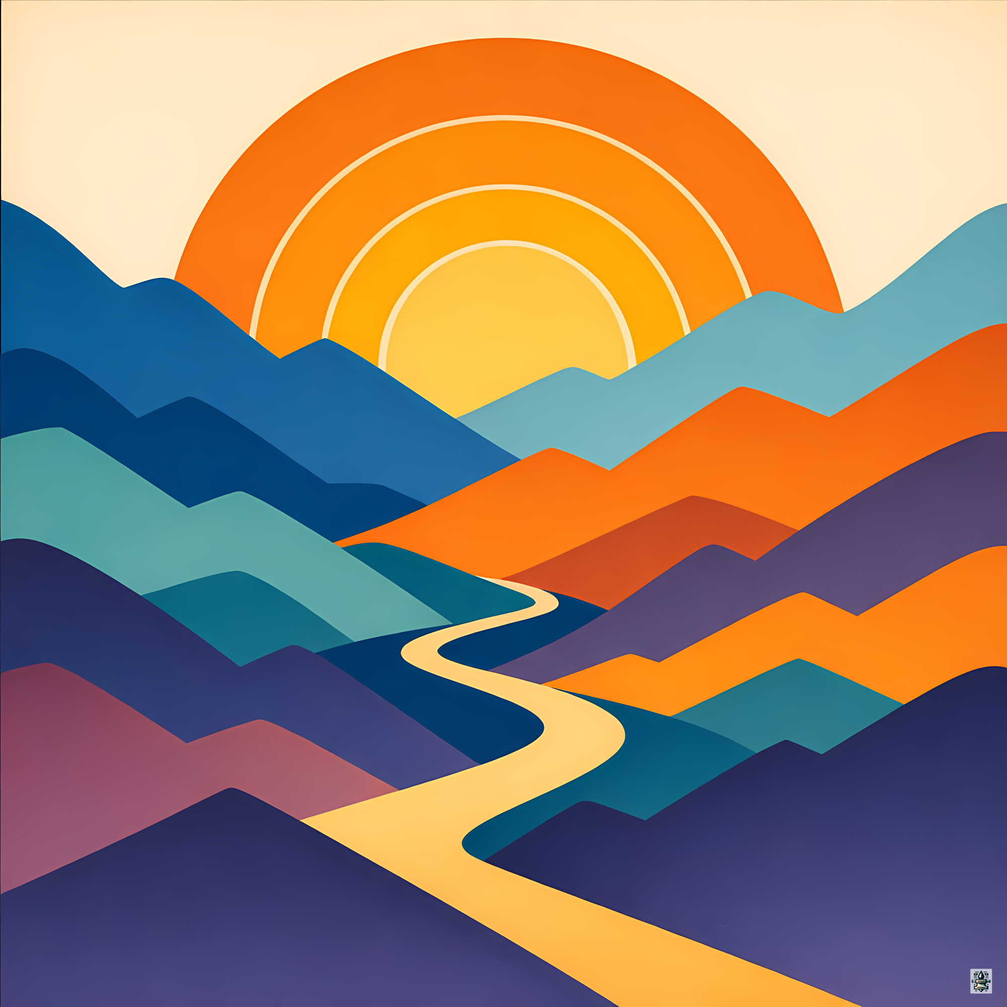 Layered Mountain Sunset with Winding River