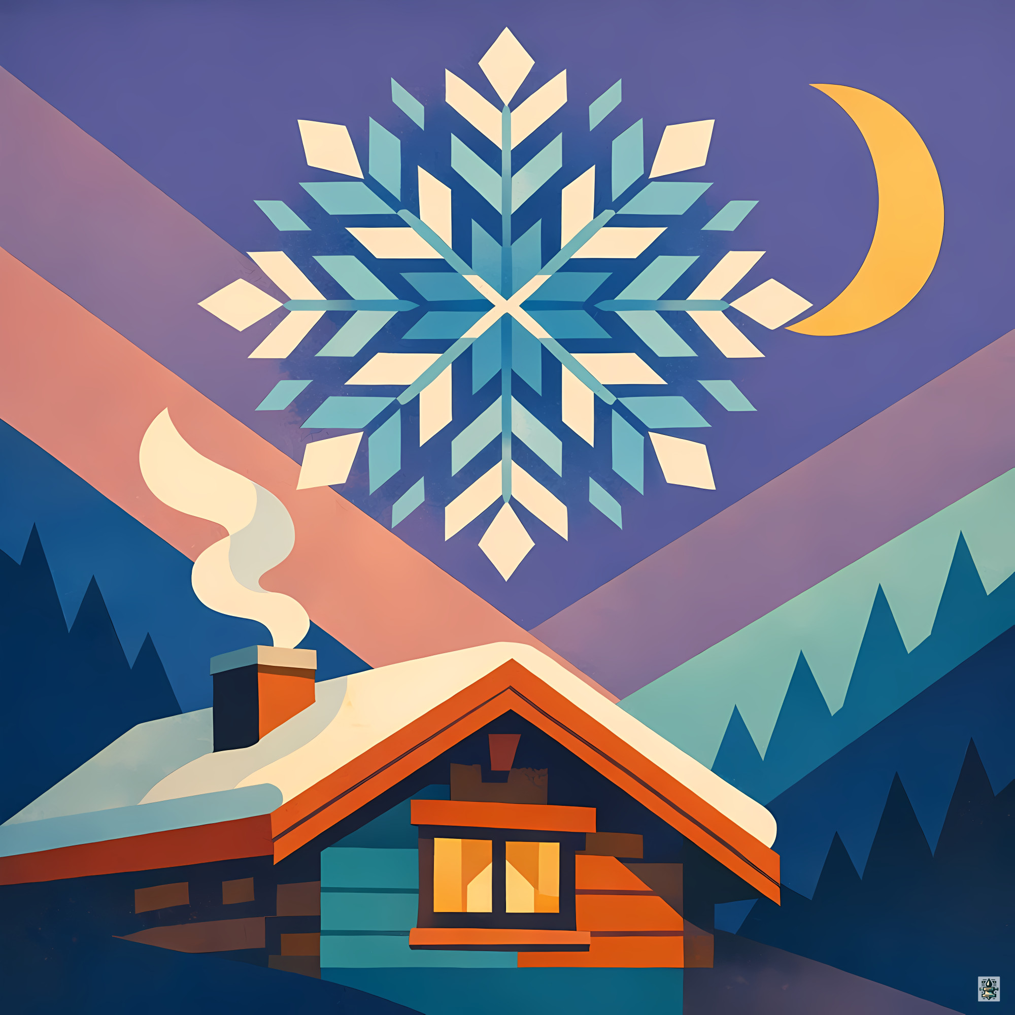 Geometric Snowflake Over Winter Cabin