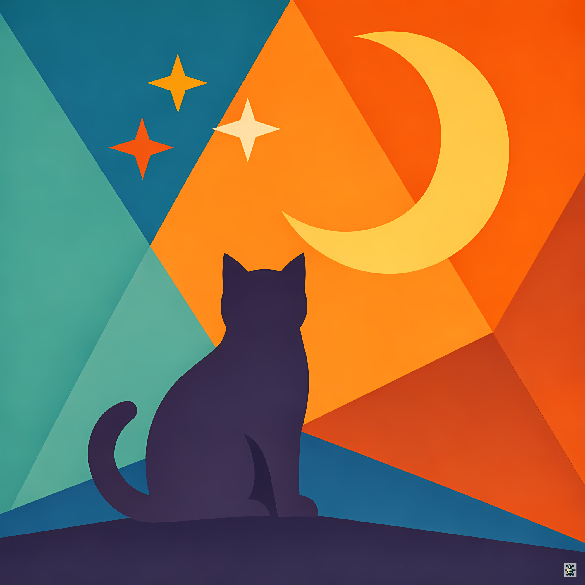 Moonlit Cat Silhouette with Colourful Geometric Sky