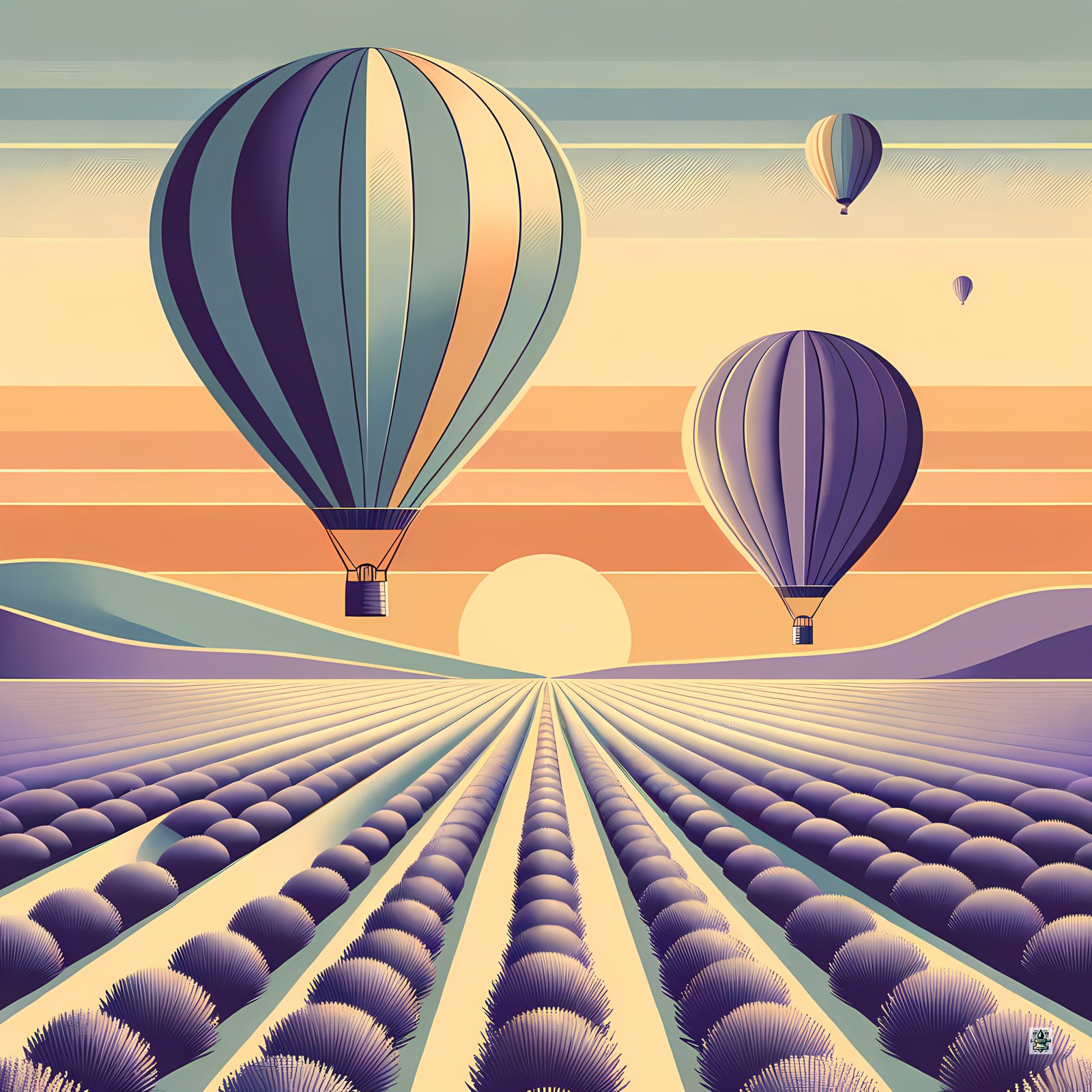Retro Hot Air Balloons Over Lavender Fields at Sunset