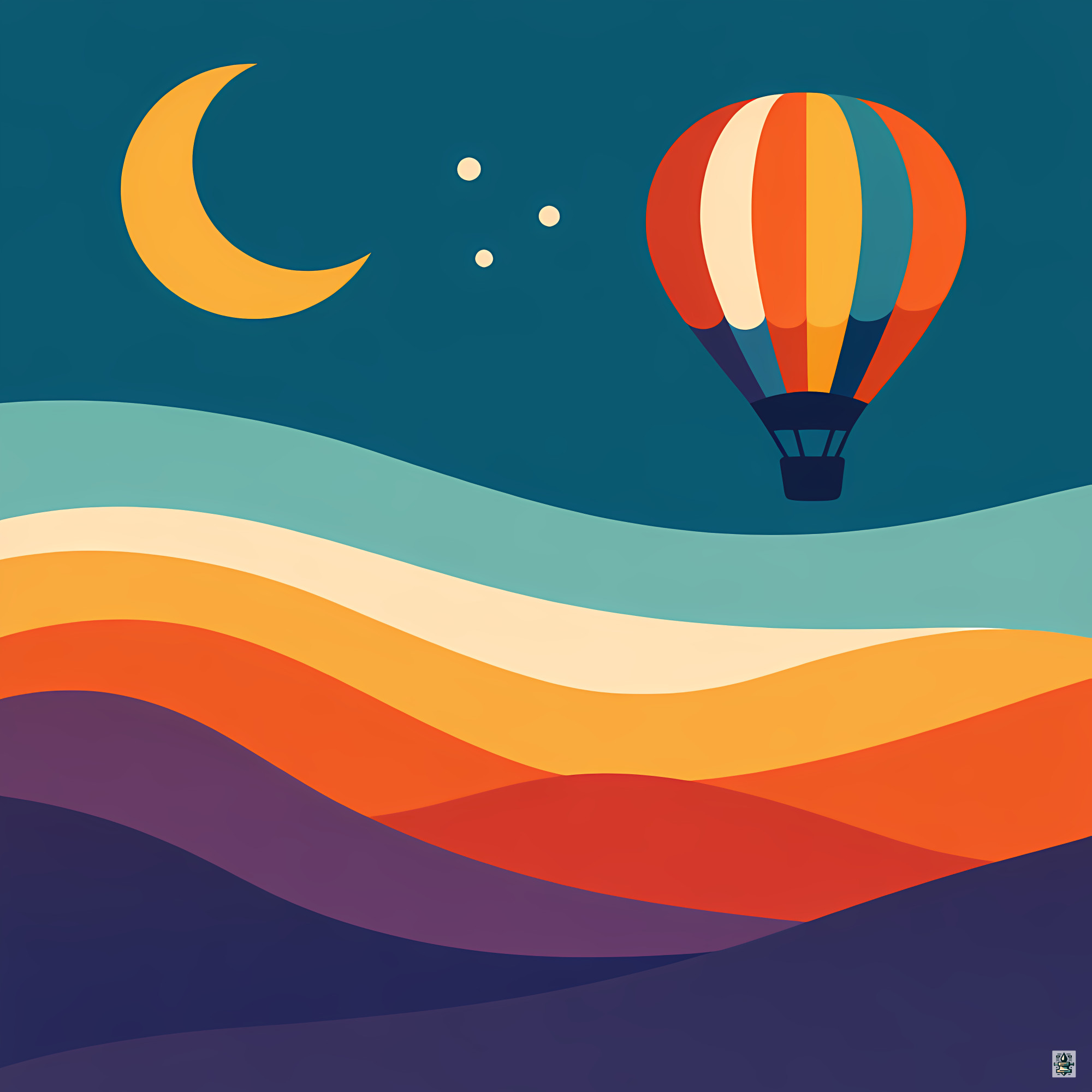 Moonlit Hot Air Balloon over Wavy Hills