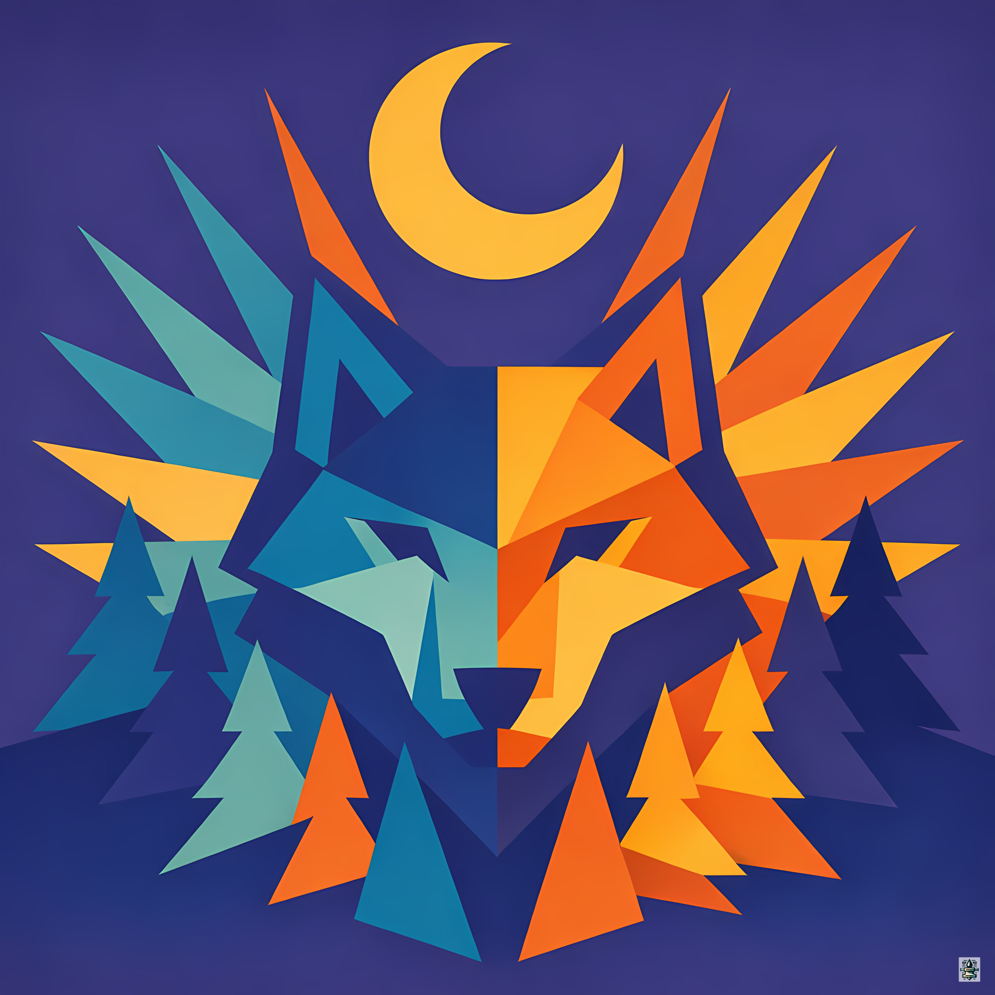 Geometric Wolf Totem with Moonlit Forest