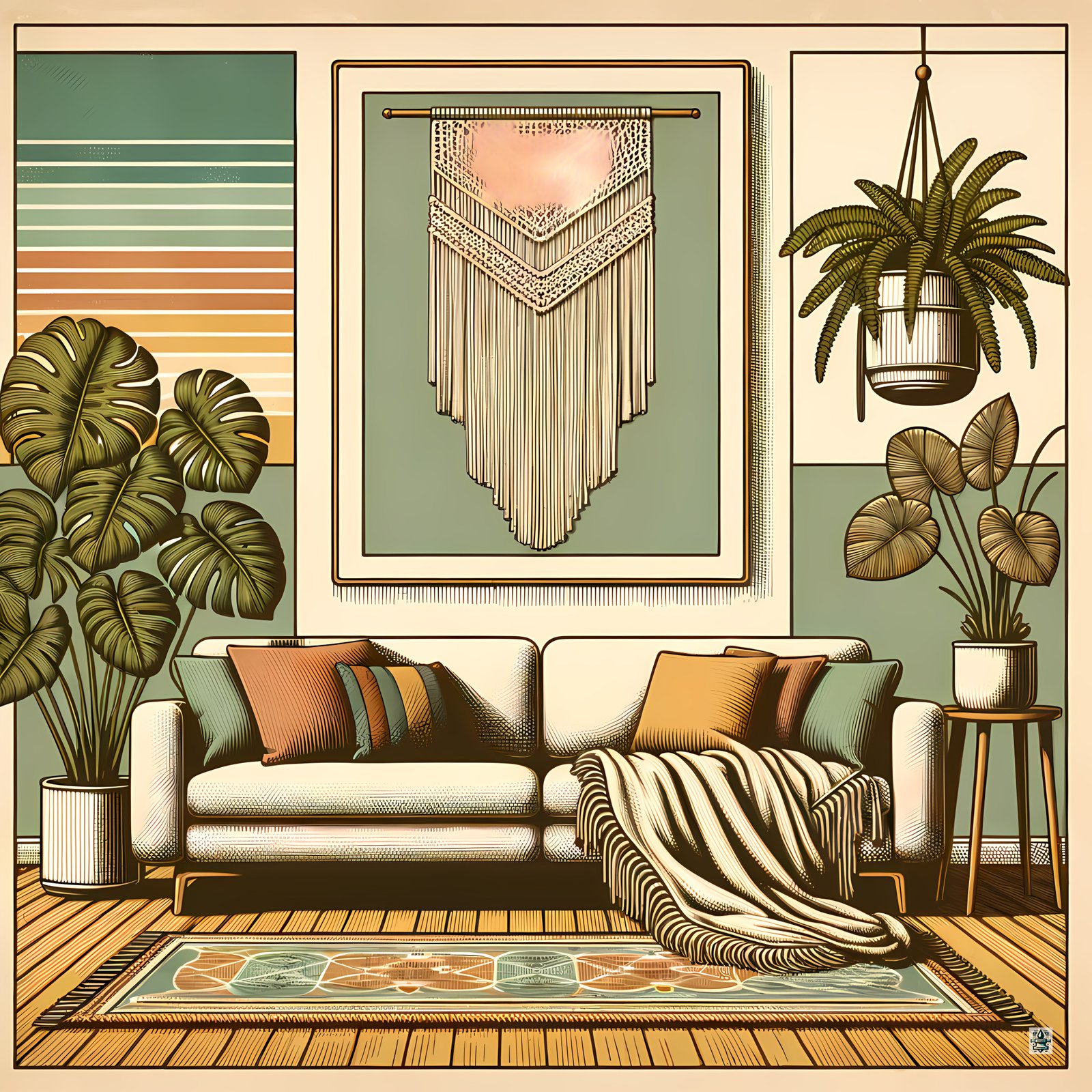 Mid Century Modern Boho Lounge with Houseplants