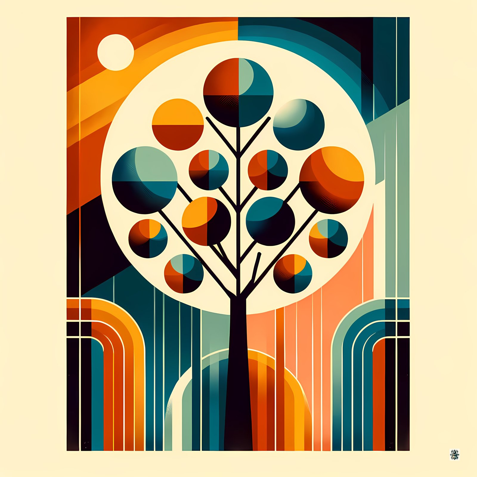 Mid Century Modern Geometric Tree in Teal and Orange