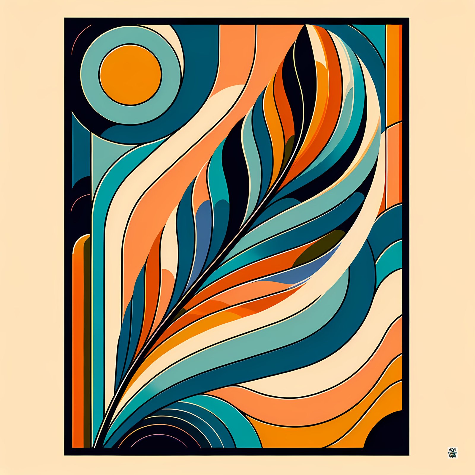 Retro Abstract Feather Waves in Teal and Orange