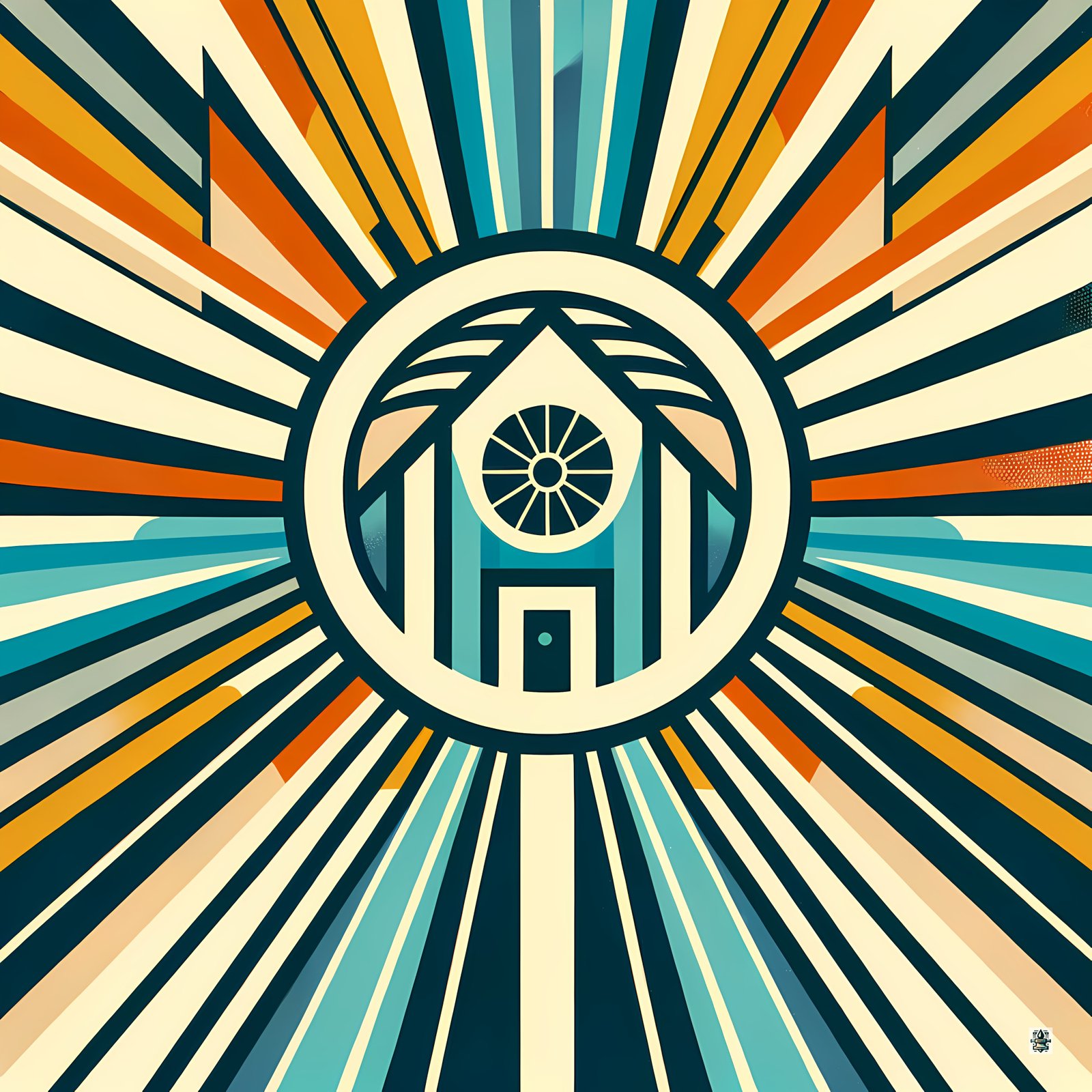 Retro Geometric House Sunburst in Teal and Orange