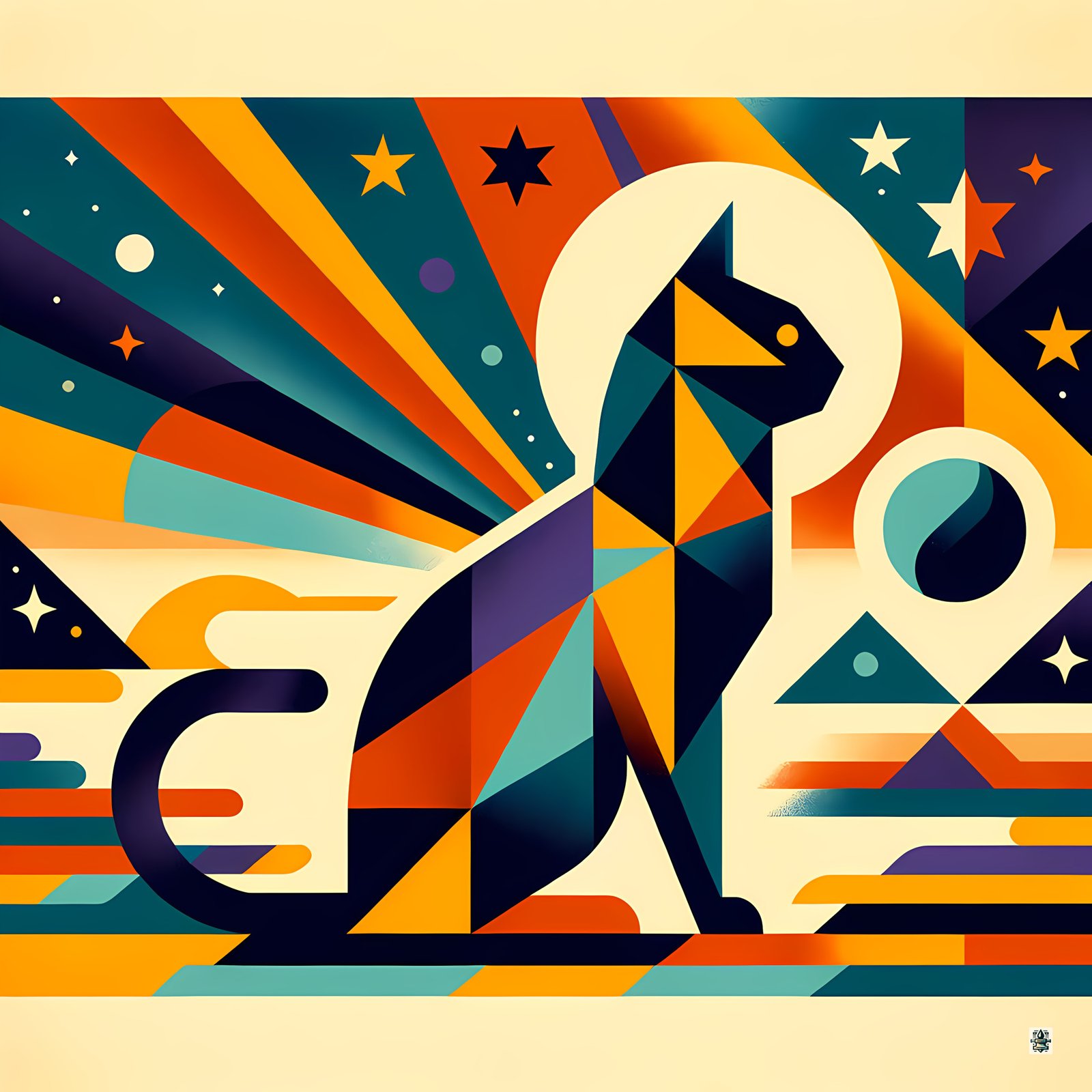 Geometric Space Cat with Retro Sunburst