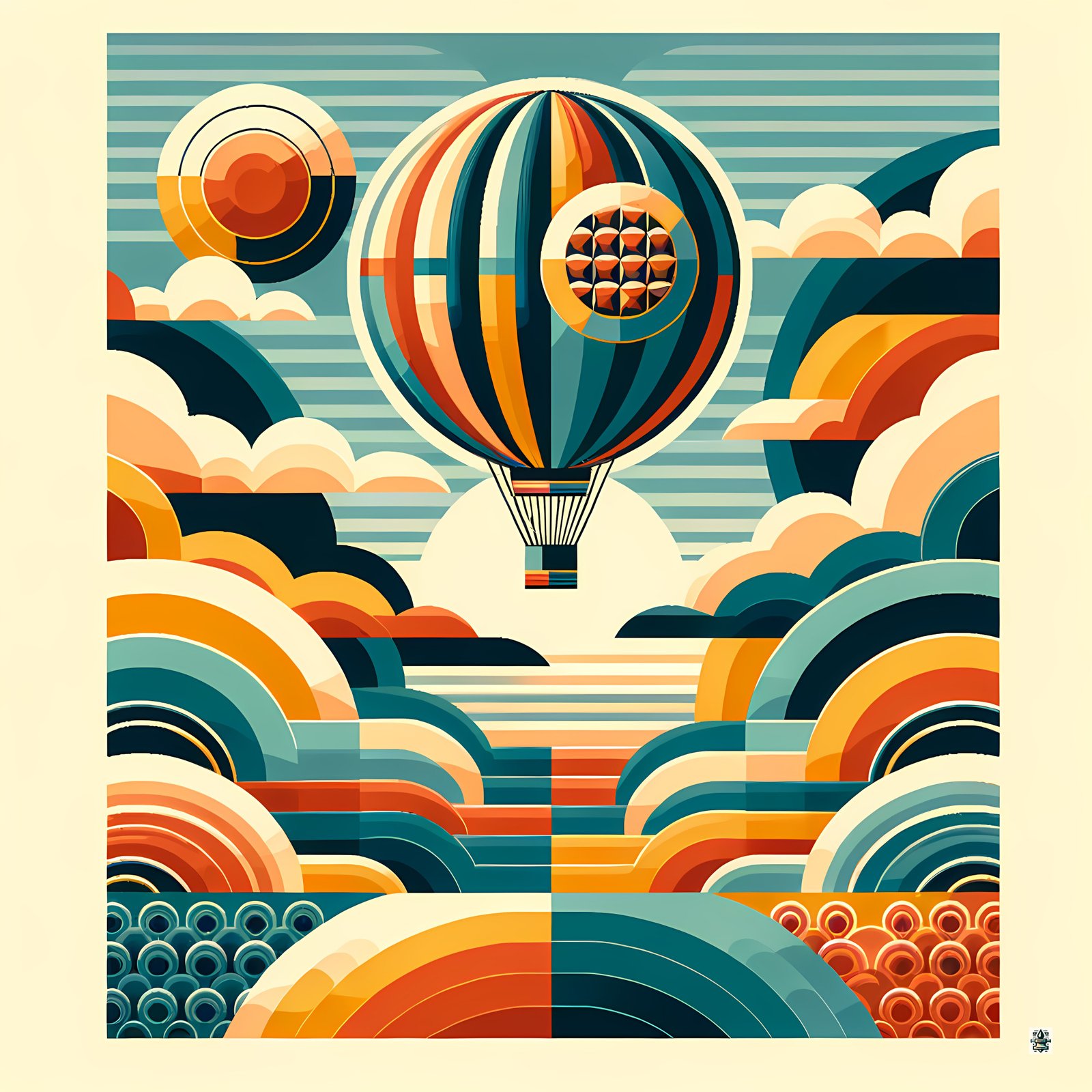 Retro Hot Air Balloon with Geometric Clouds