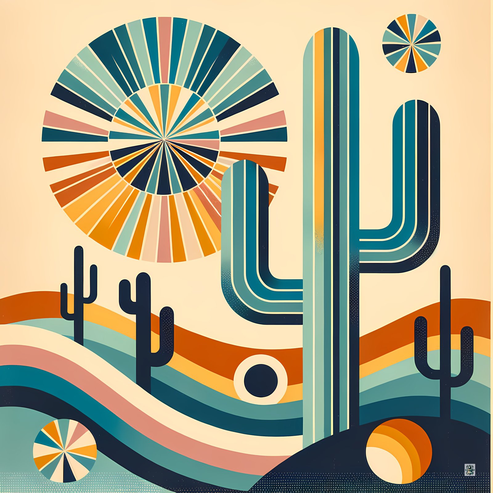 Retro Geometric Cactus Desert Scene