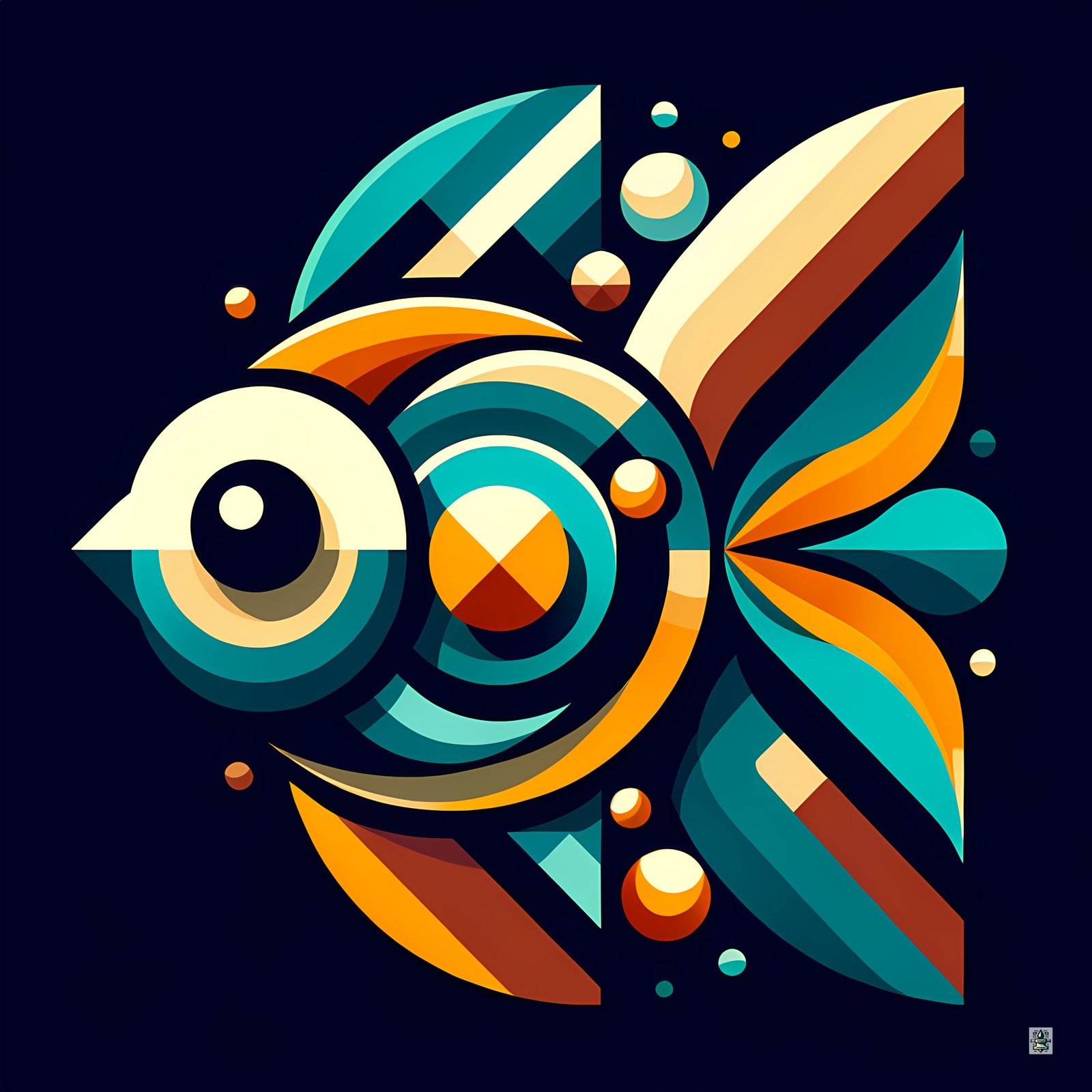 Retro Geometric Fish Illustration in Teal and Orange