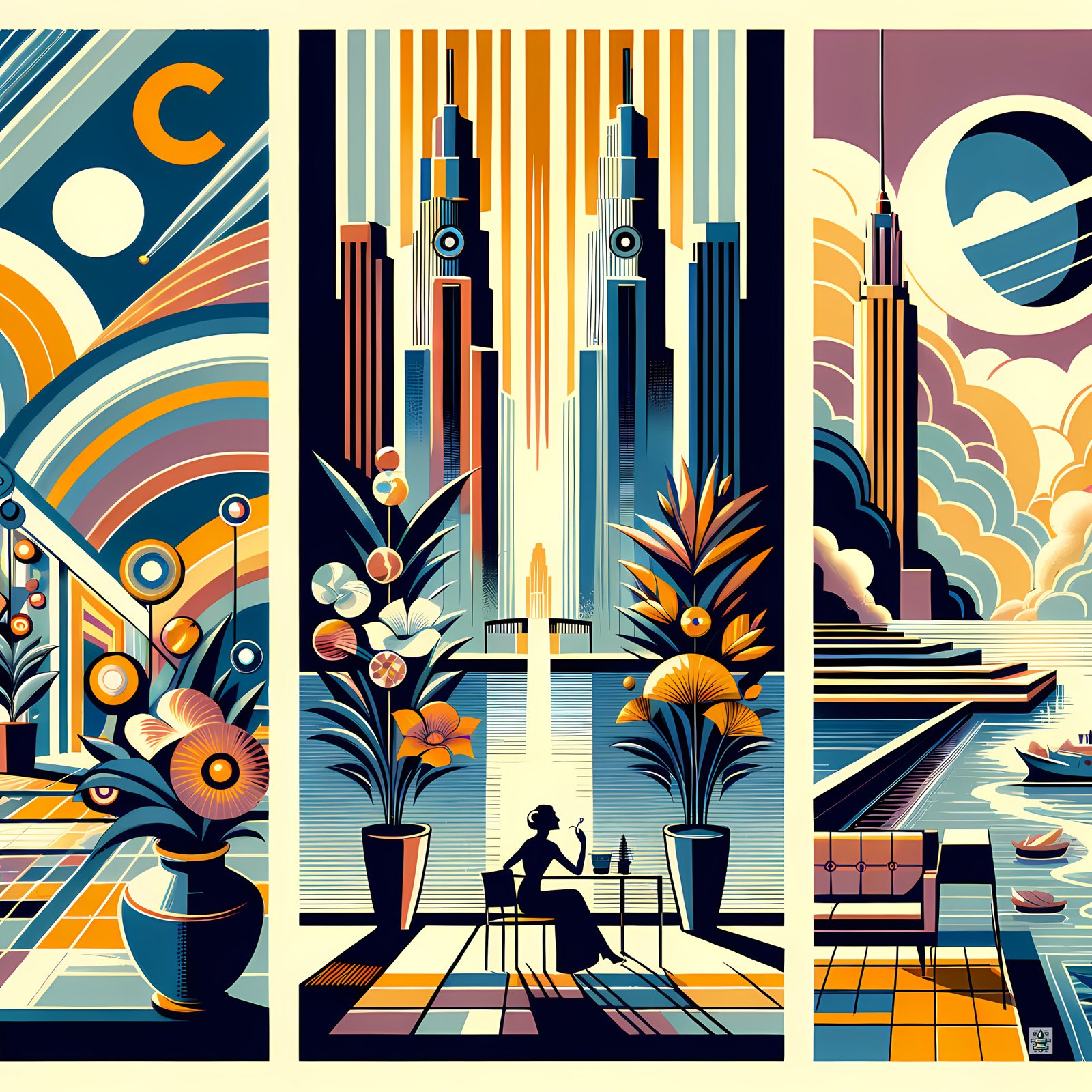 Art Deco Cityscape with Vibrant Geometric Patterns