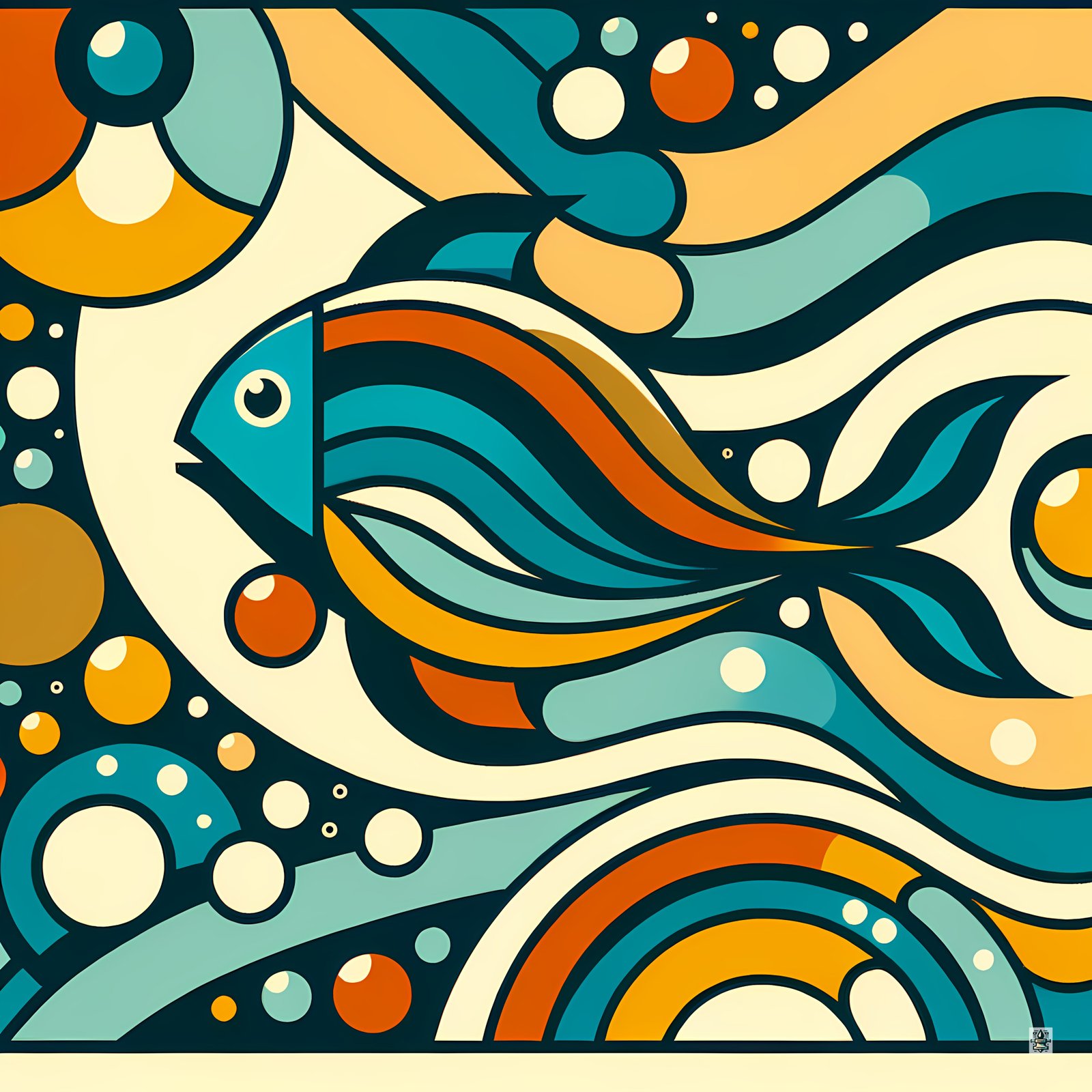 Retro Geometric Fish Abstract Waves in Teal and Orange
