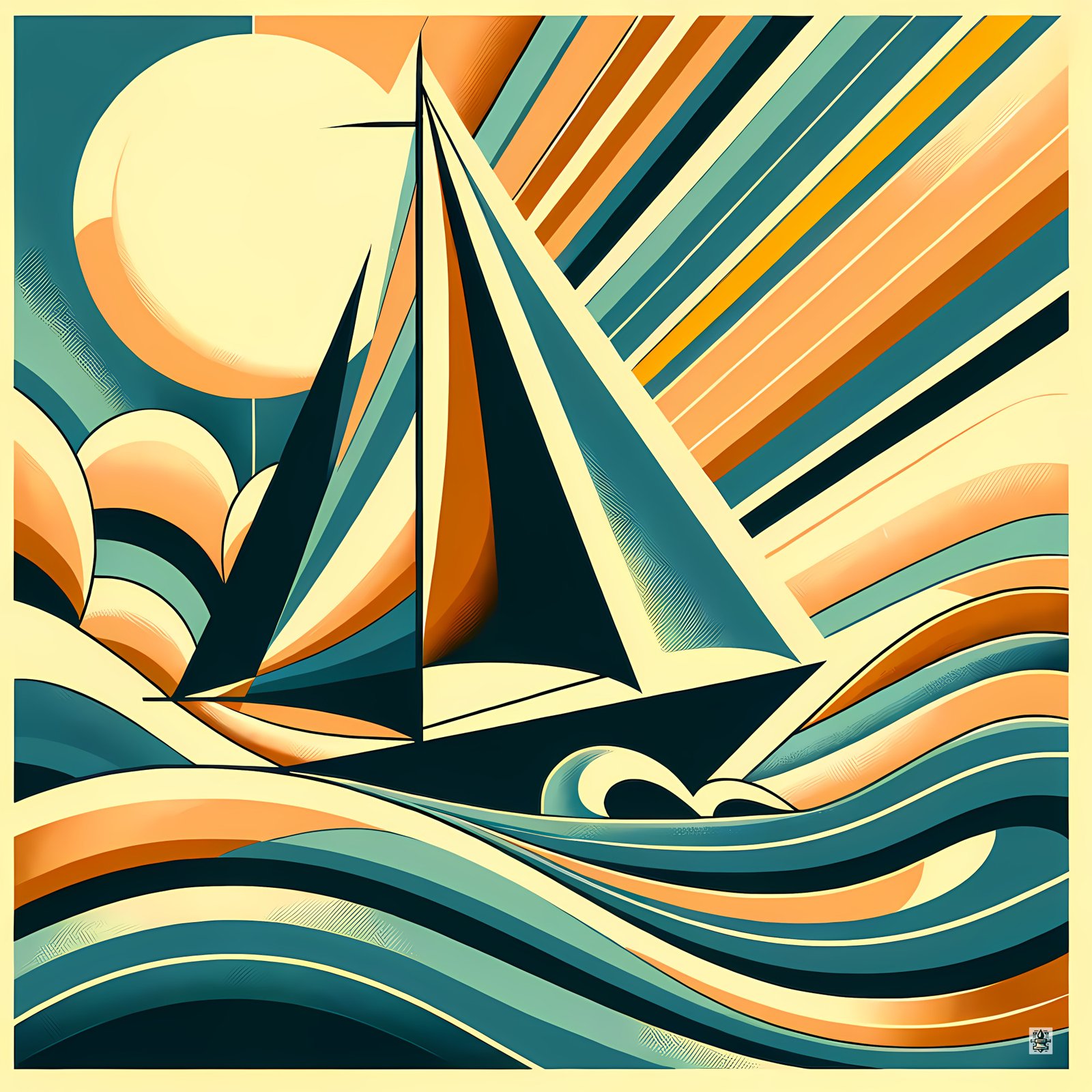 Retro Sailboat with Bold Geometric Waves