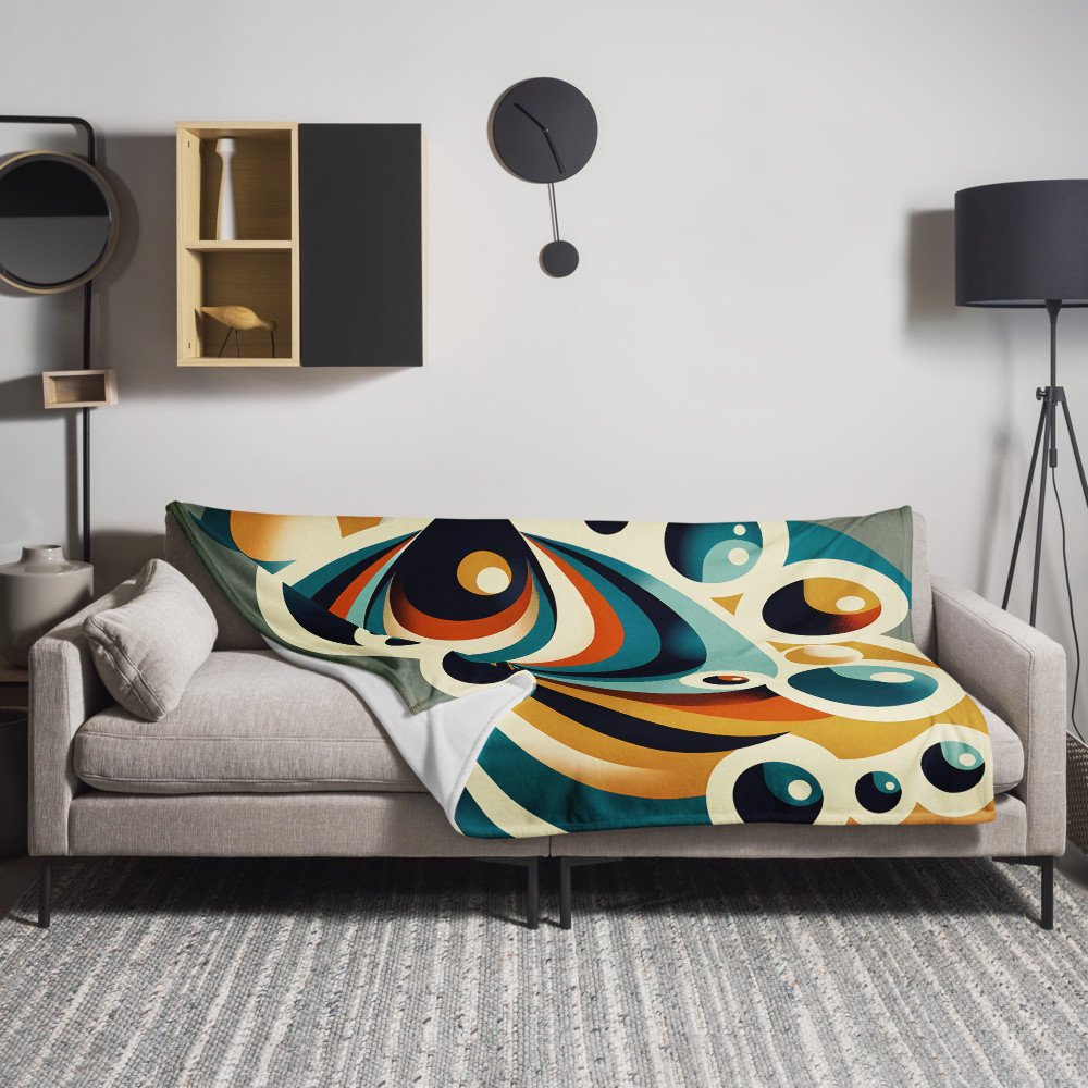 Retro Geometric Fish with Bubbles in Teal and Ochre