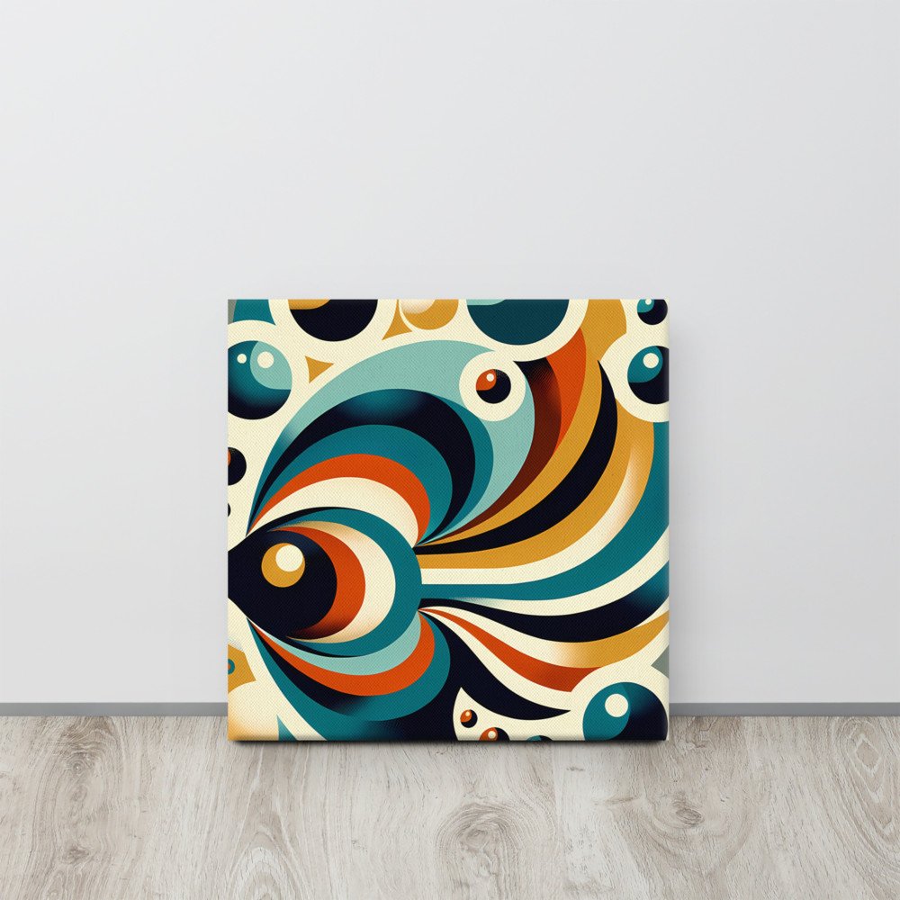 Retro Geometric Fish with Bubbles in Teal and Ochre