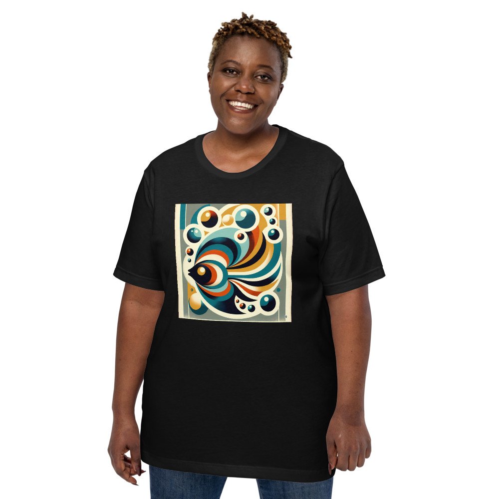 Retro Geometric Fish with Bubbles in Teal and Ochre