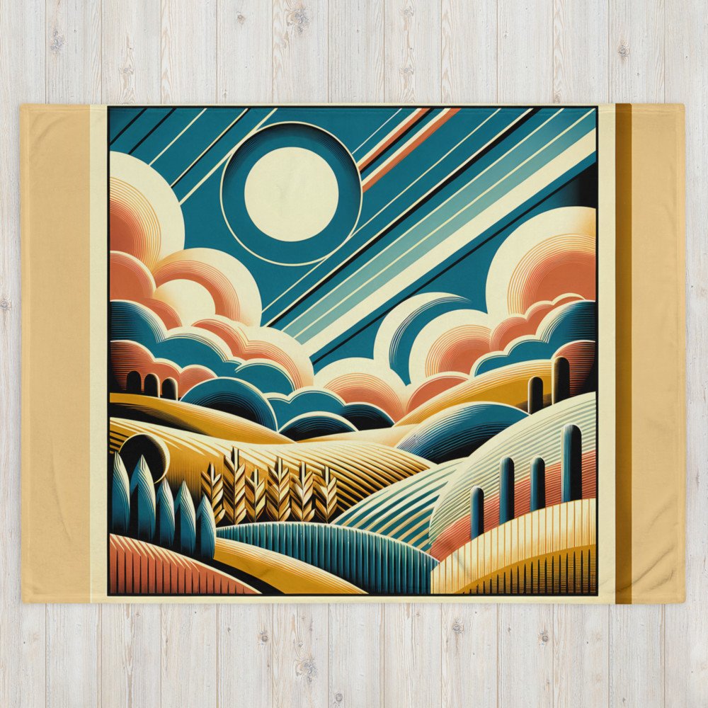 Retro Geometric Sun and Clouds Over Rolling Hills