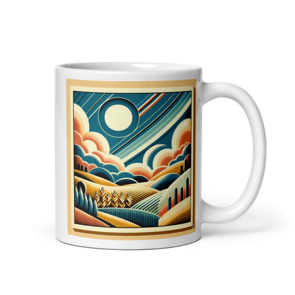 Retro Geometric Sun and Clouds Over Rolling Hills