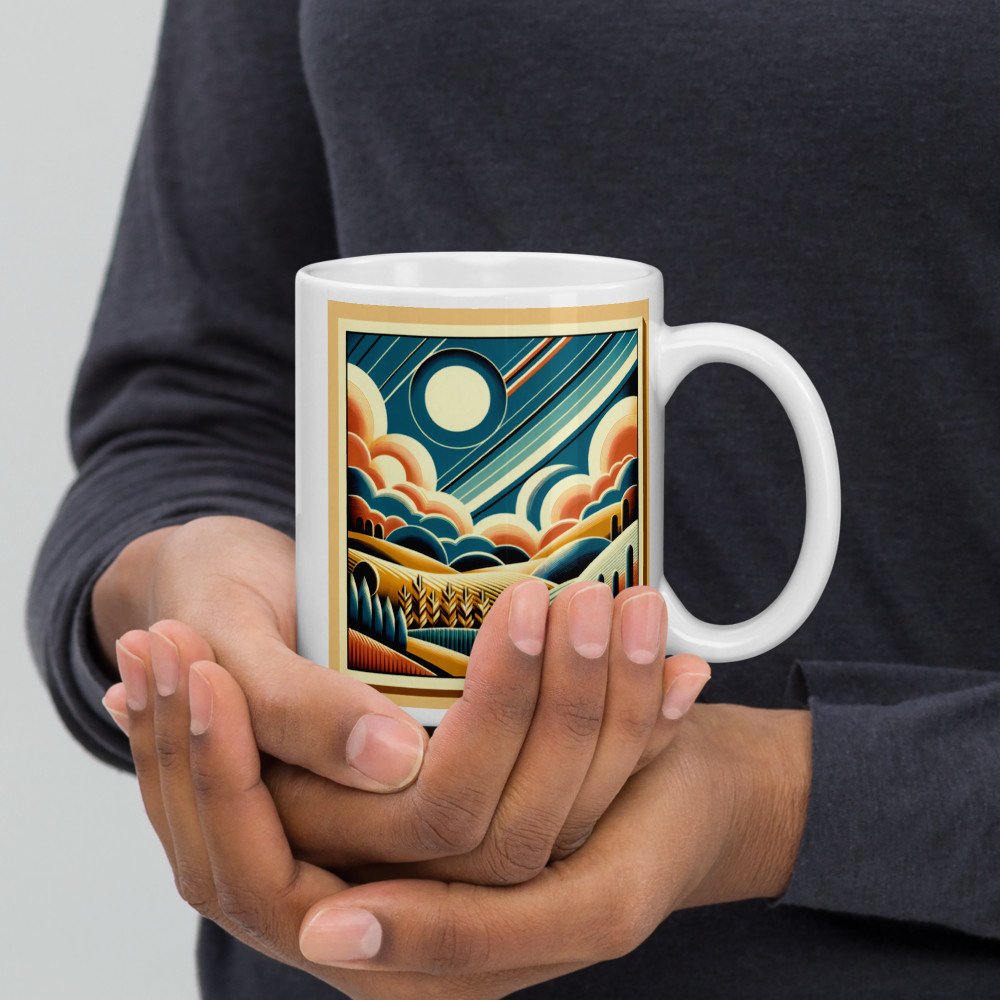 Retro Geometric Sun and Clouds Over Rolling Hills — Mug