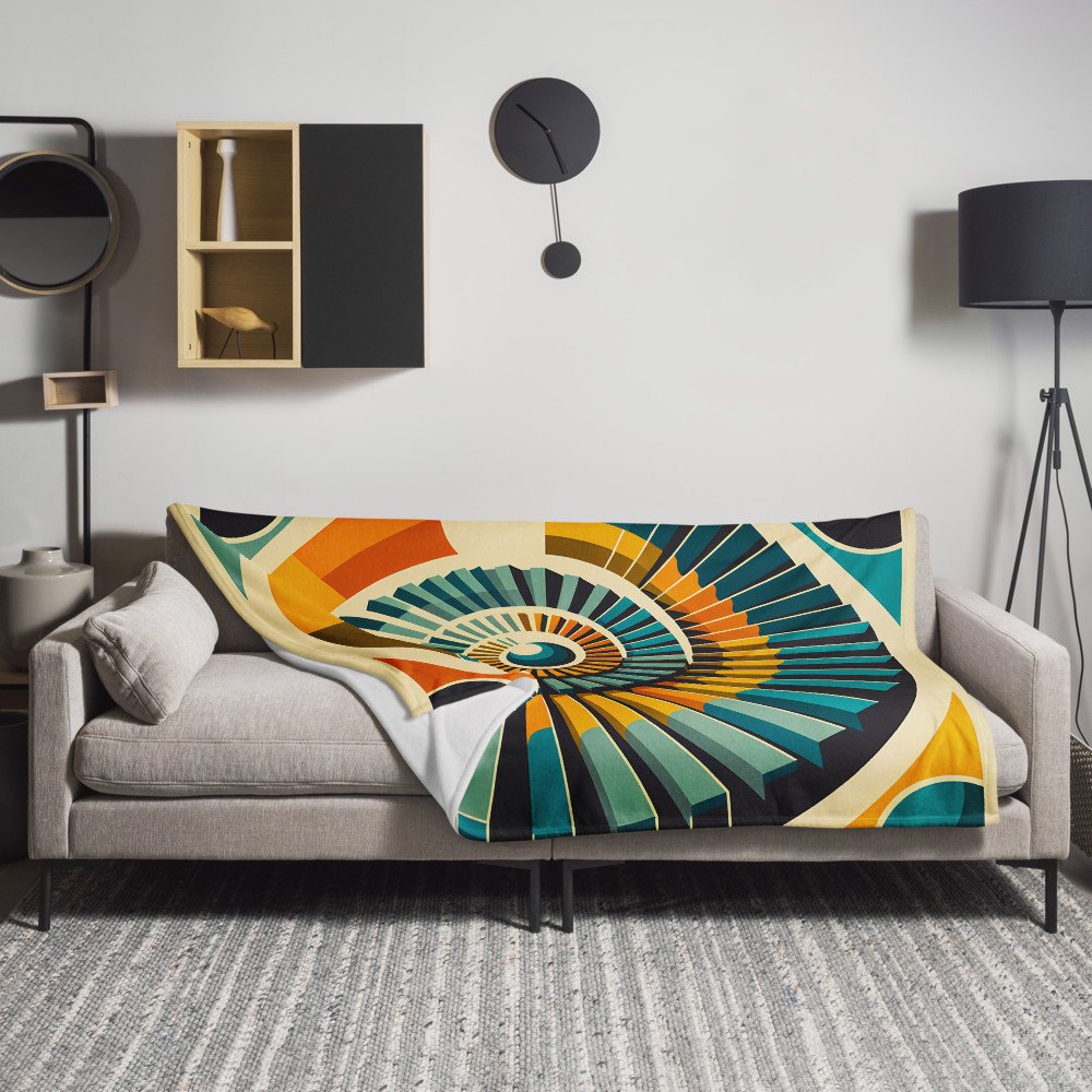 Retro Geometric Spiral Sunburst in Teal and Orange