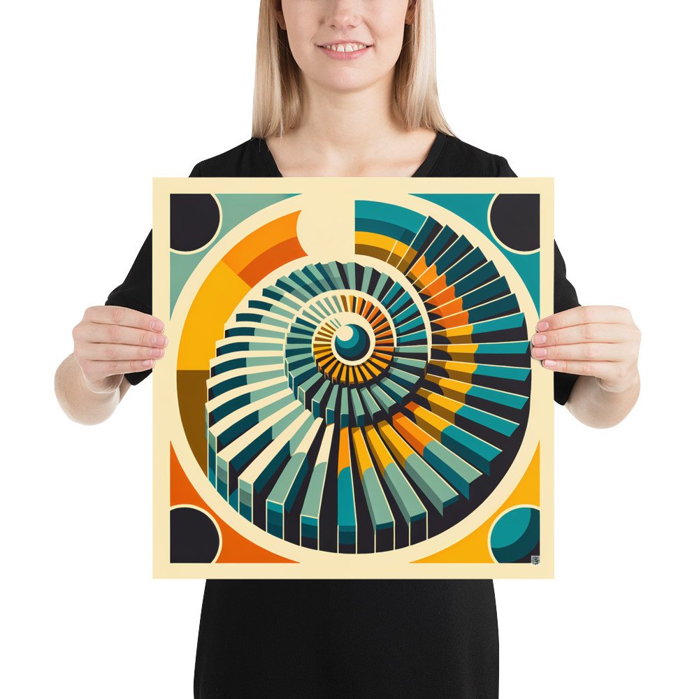 Retro Geometric Spiral Sunburst in Teal and Orange
