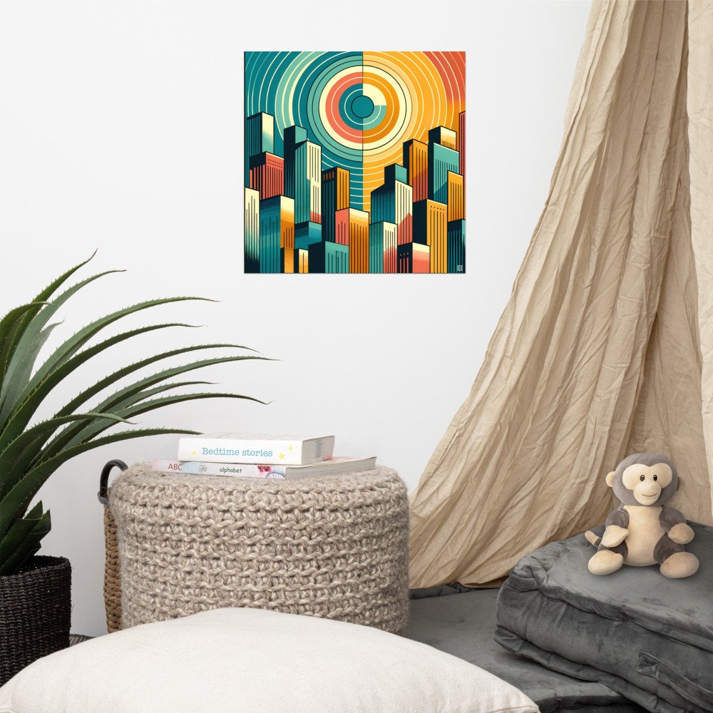 Retro Geometric City Skyline with Concentric Sun