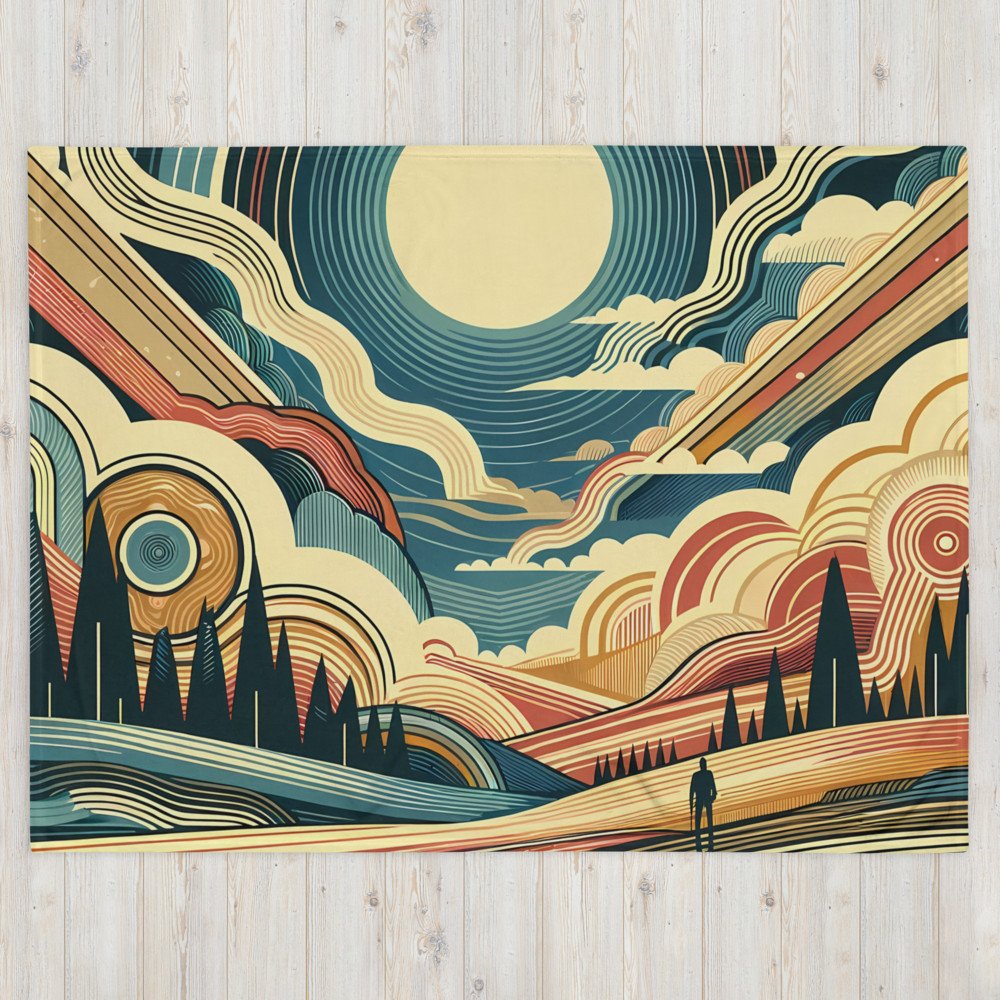 Retro Sunlit Mountain Landscape with Geometric Clouds