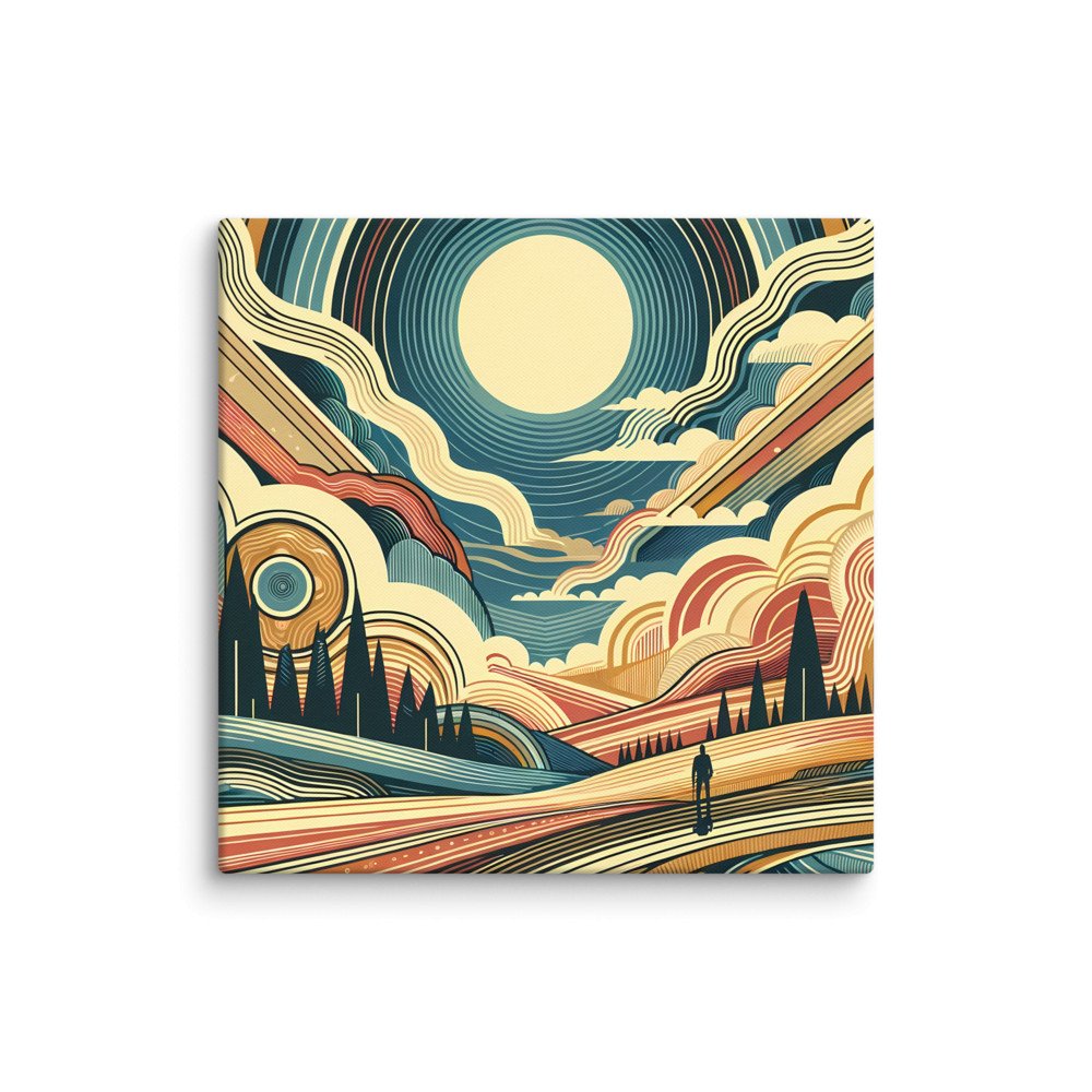 Retro Sunlit Mountain Landscape with Geometric Clouds