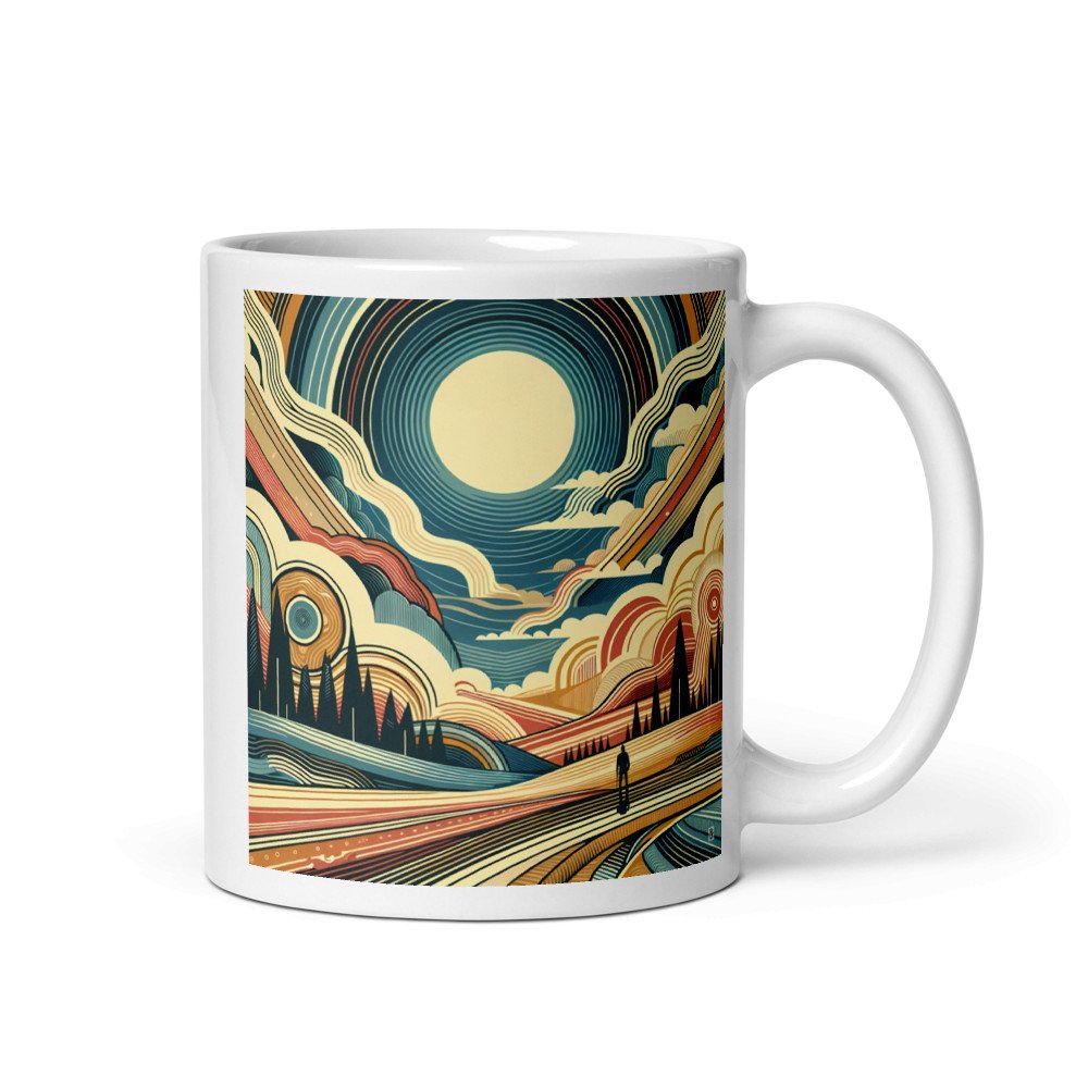 Retro Sunlit Mountain Landscape with Geometric Clouds