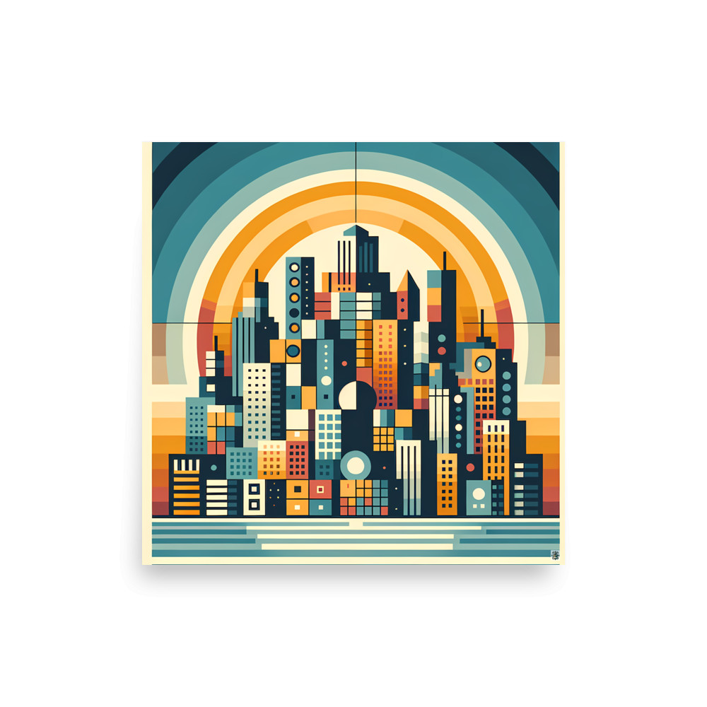 Geometric City Skyline with Retro Sunset Arches