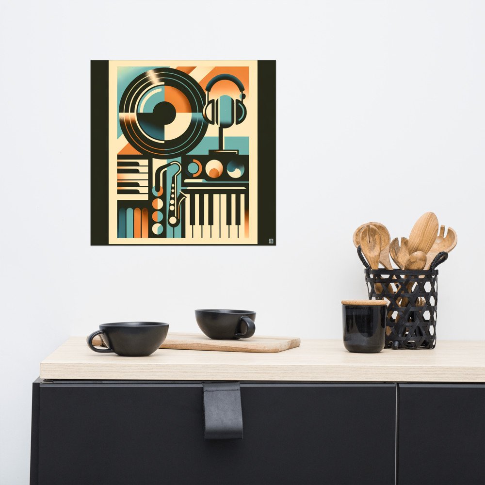 Retro Geometric Vinyl Record, Headphones and Piano Keys