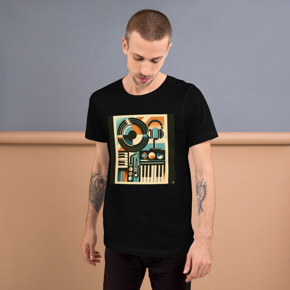 Retro Geometric Vinyl Record, Headphones and Piano Keys