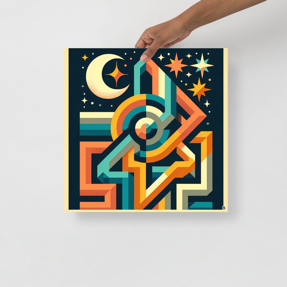 Geometric Number Collage with Moon and Stars