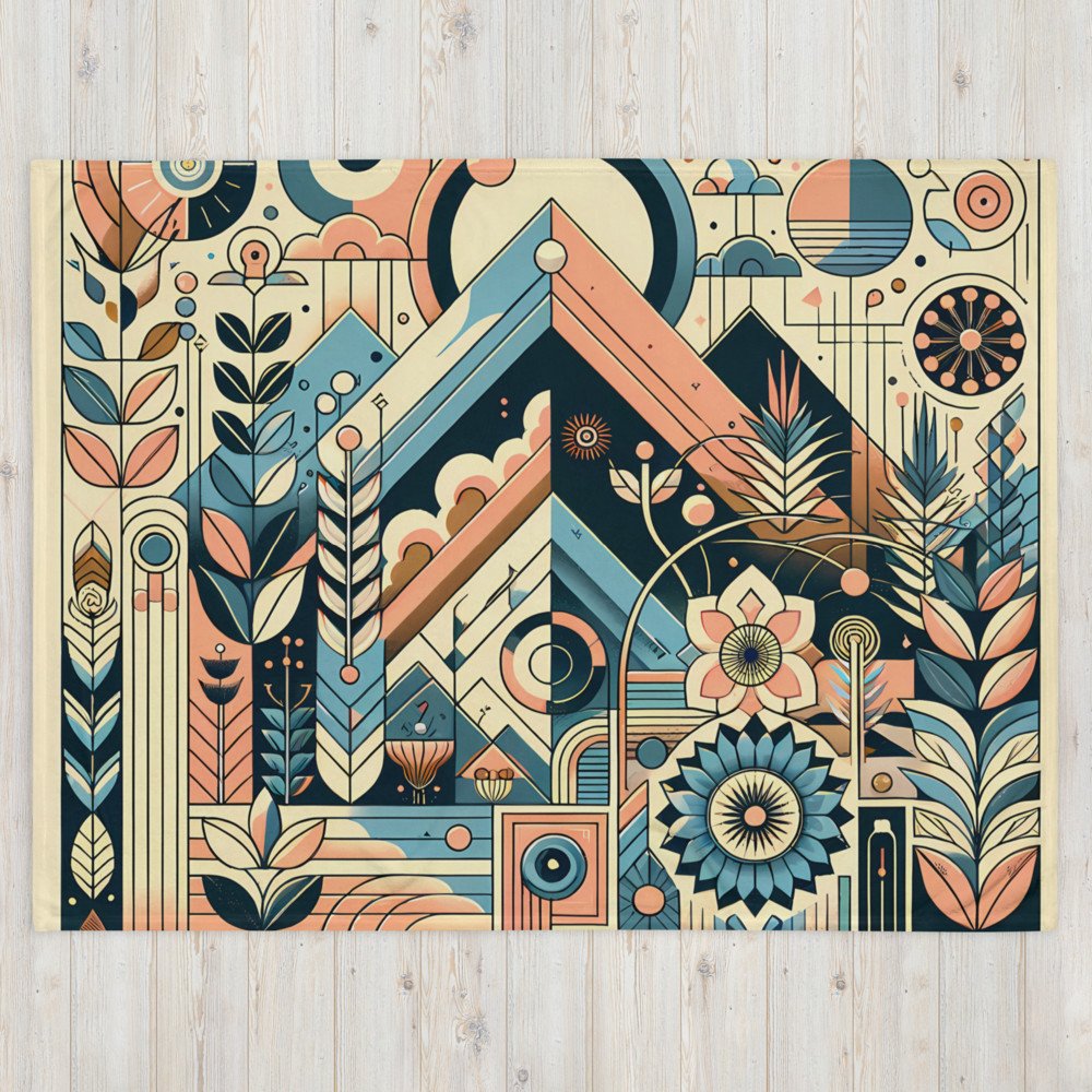 Retro Geometric Mountain Landscape in Teal and Peach