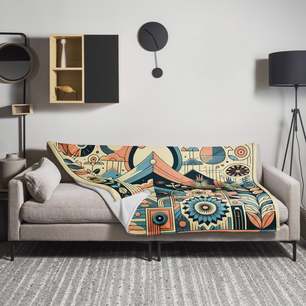 Retro Geometric Mountain Landscape in Teal and Peach