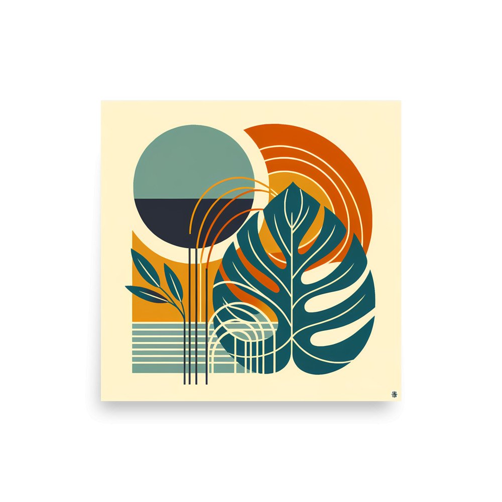 Abstract Monstera Leaves with Geometric Sun Shapes