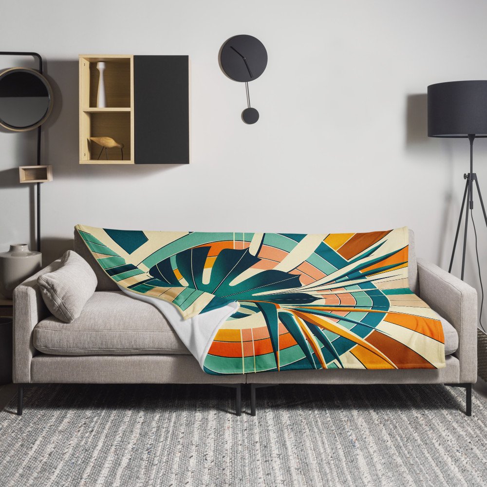 Geometric Monstera Leaf with Bird of Paradise — Throw Blanket