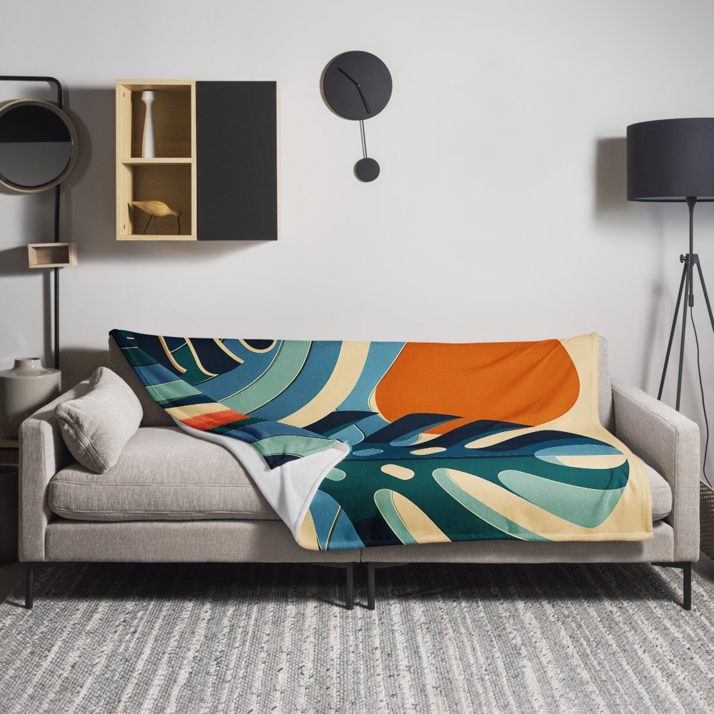 Geometric Monstera Leaves with Sunset Shapes — Throw Blanket