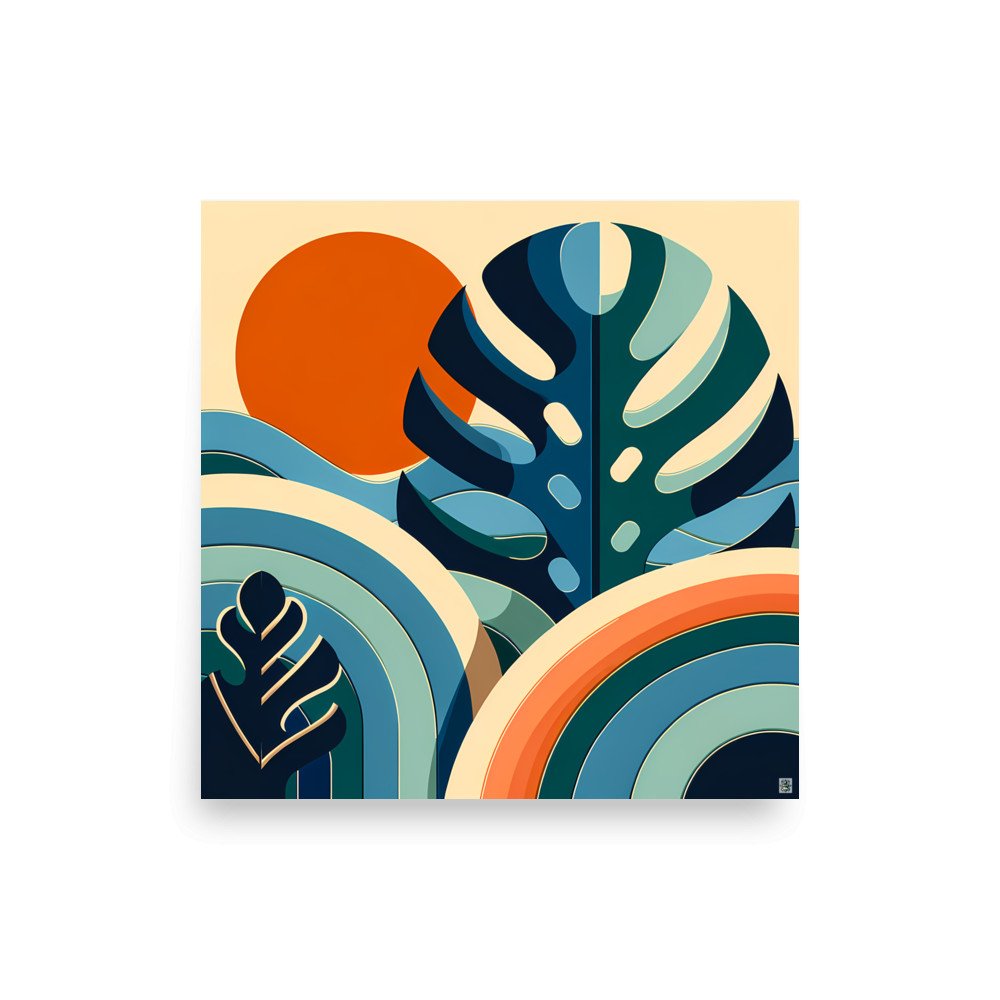 Geometric Monstera Leaves with Sunset Shapes