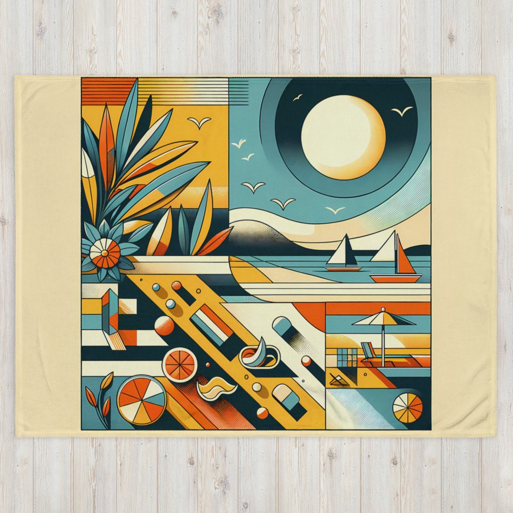 Retro Geometric Beach Sunset Sailboats Illustration