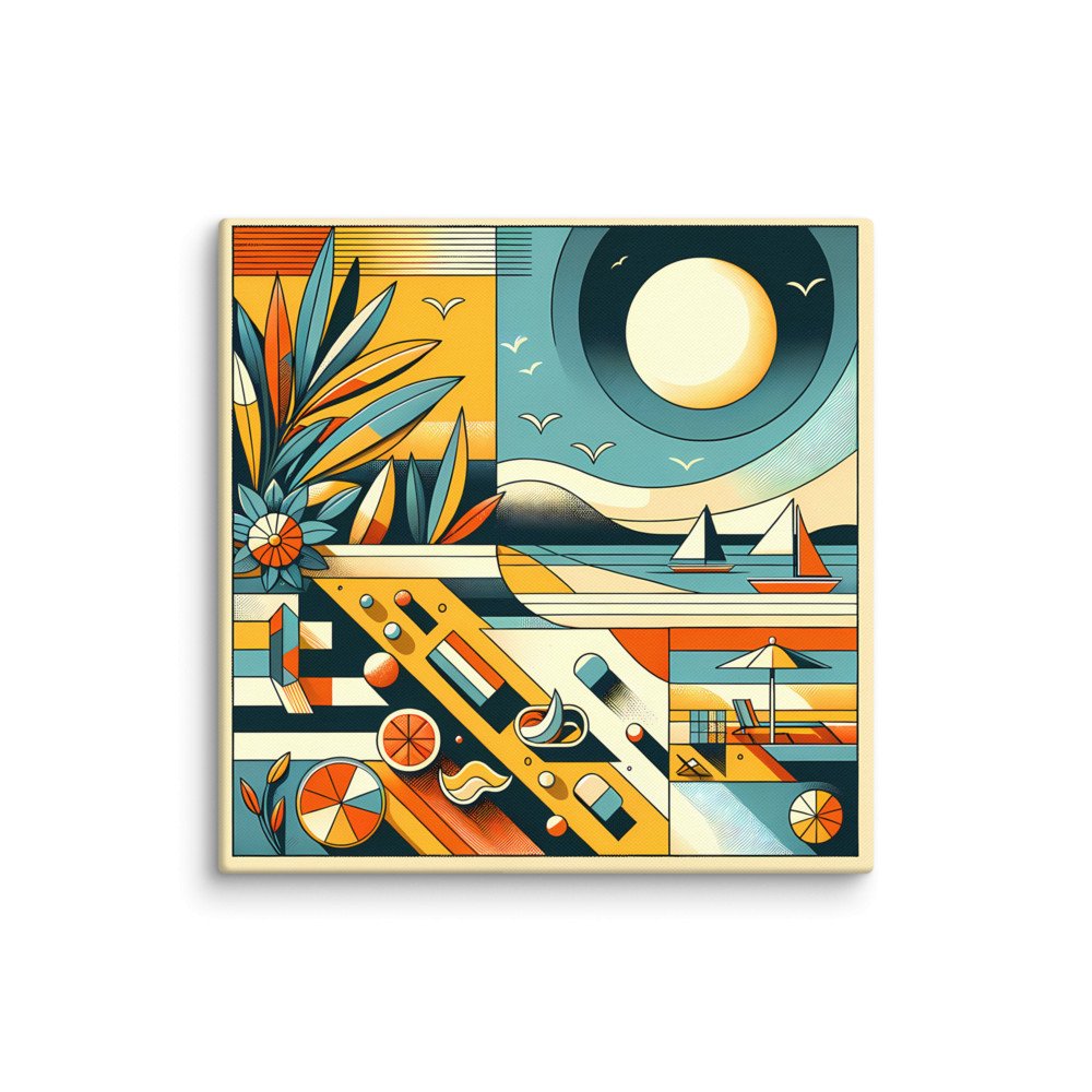 Retro Geometric Beach Sunset Sailboats Illustration