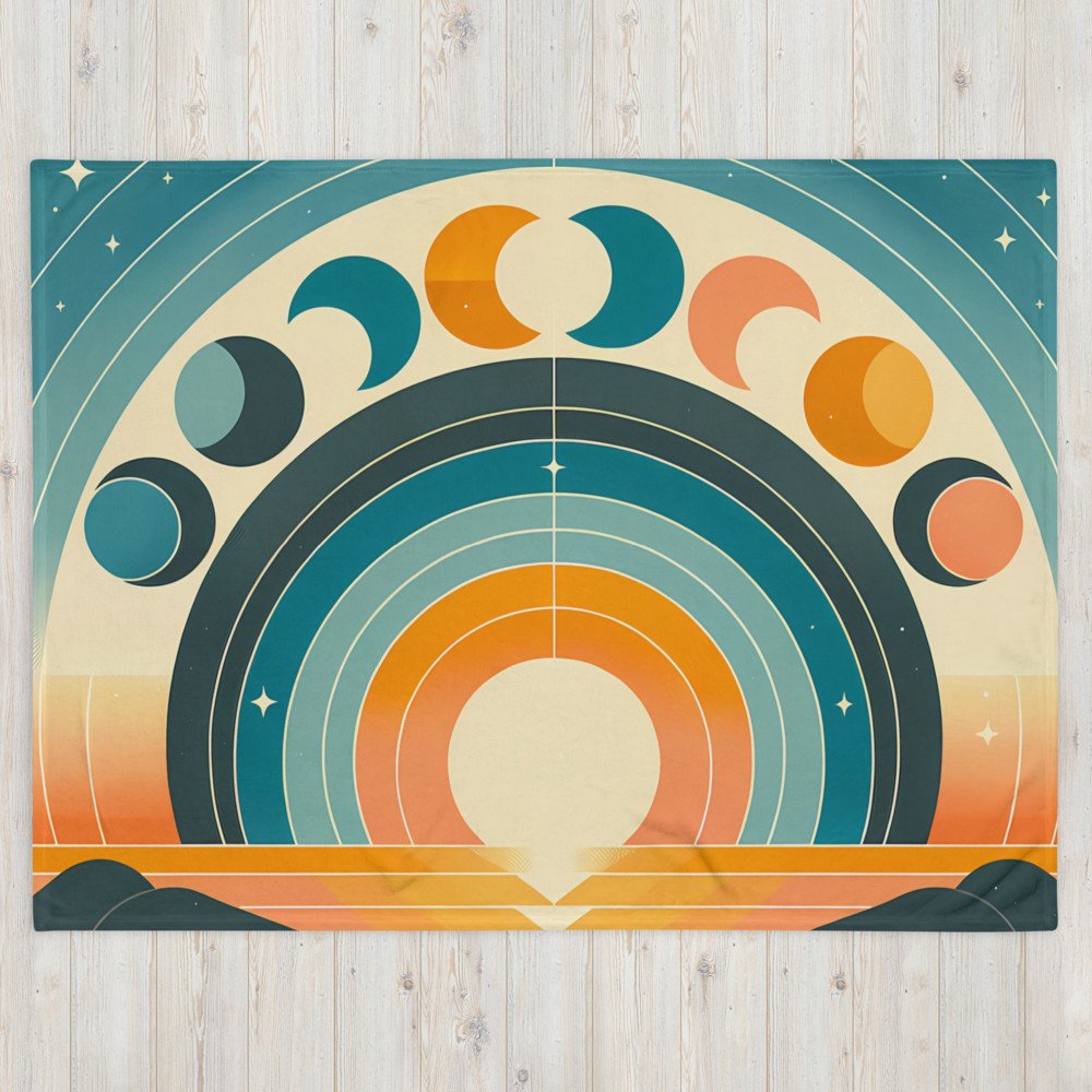 Geometric Moon Phases Over Retro Sunrise